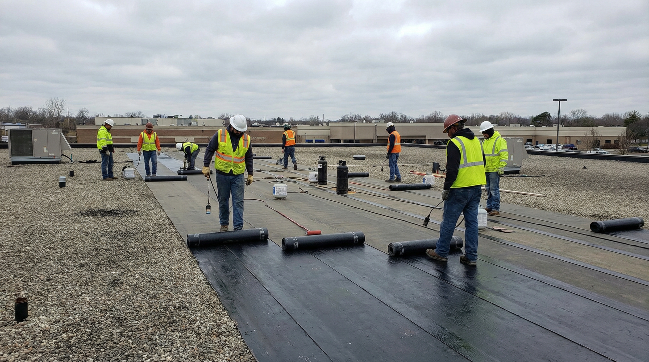 modified bitumen layers being applied to commercial flat roof