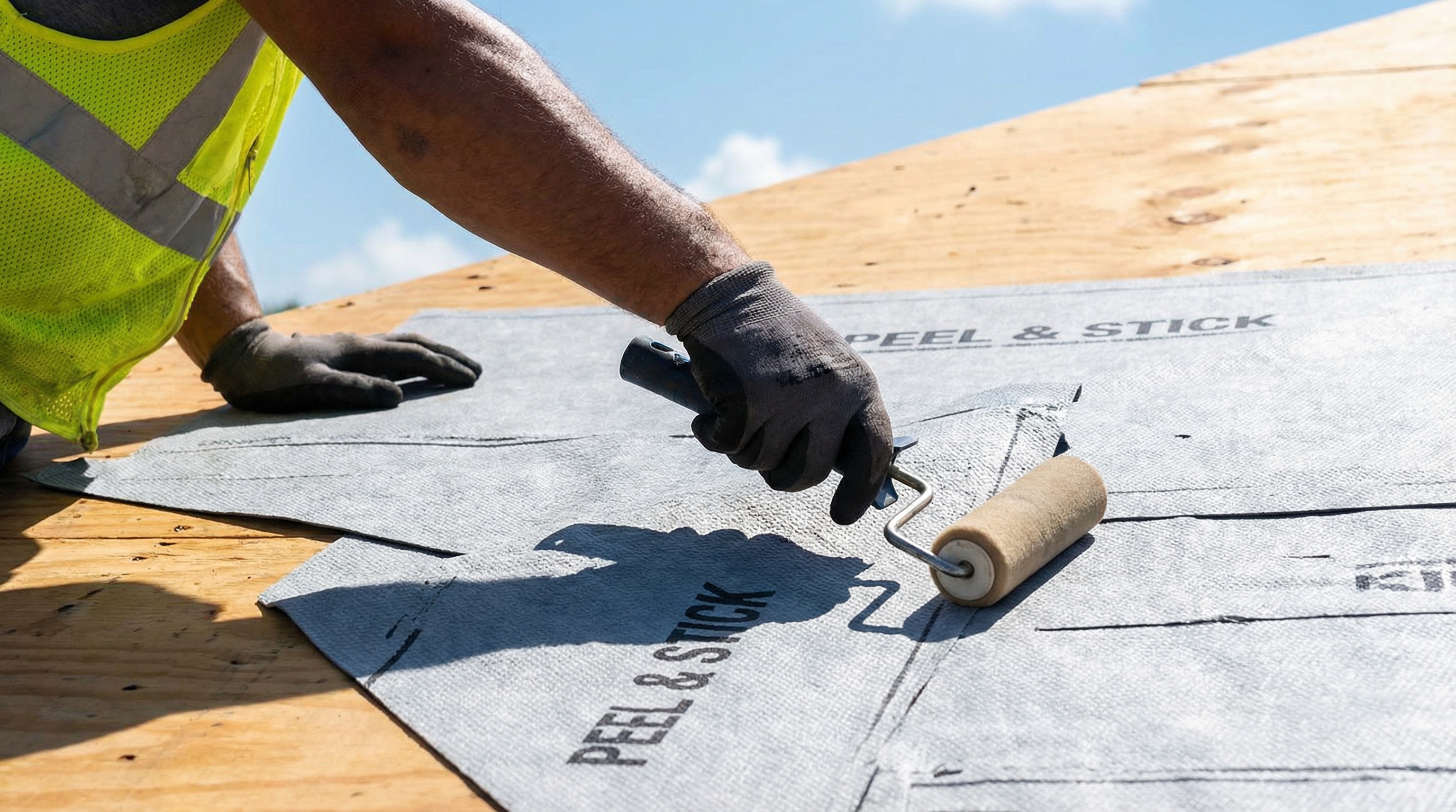 Close-up of peel and stick underlayment being installed on Florida roof deck with worker smoothing out air bubbles