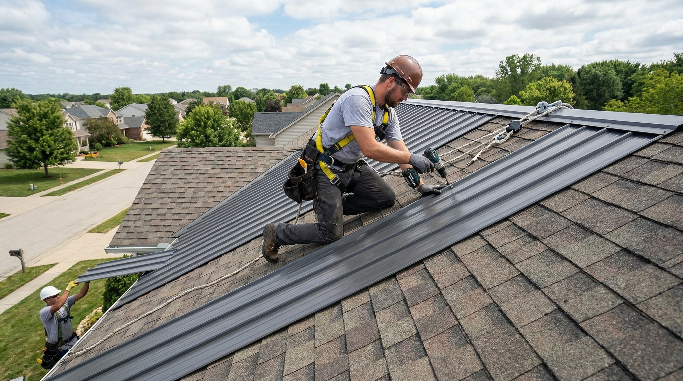 Professional roofer installing metal panels over existing shingles with proper safety equipment