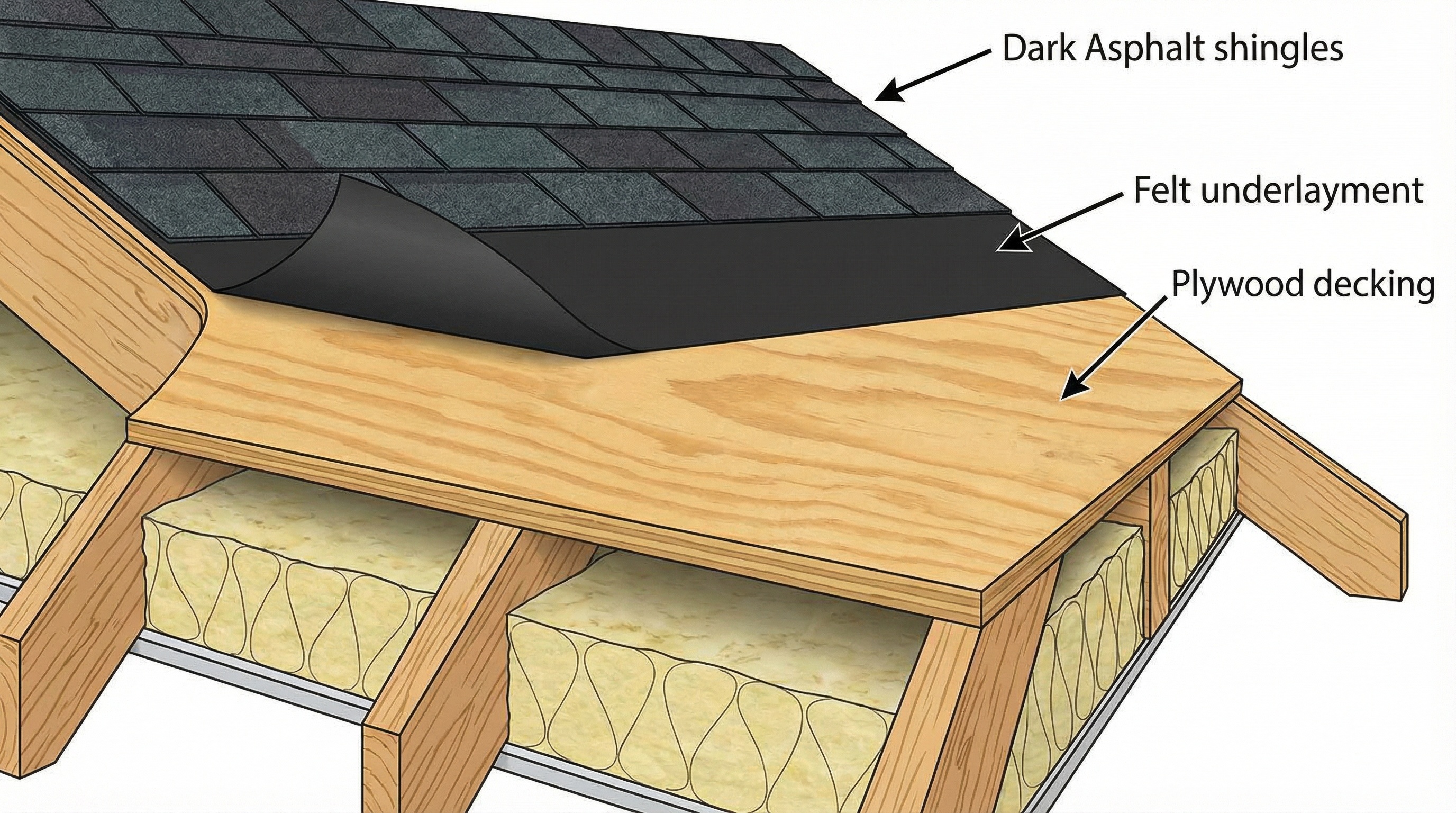Cross-section view of roof showing decking layer beneath shingles and underlayment