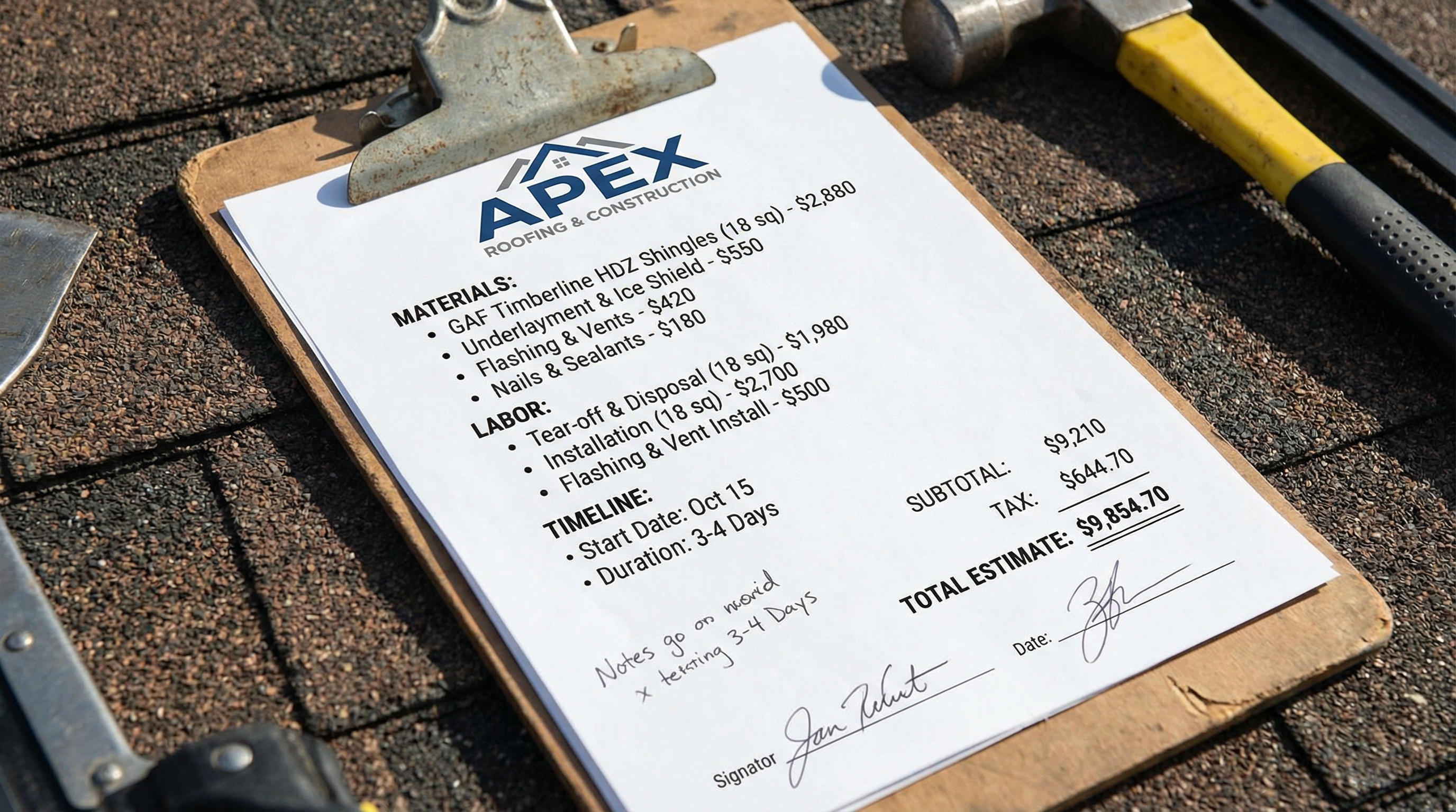 Detailed roof repair estimate document showing itemized costs for materials, labor, and timeline on a clipboard