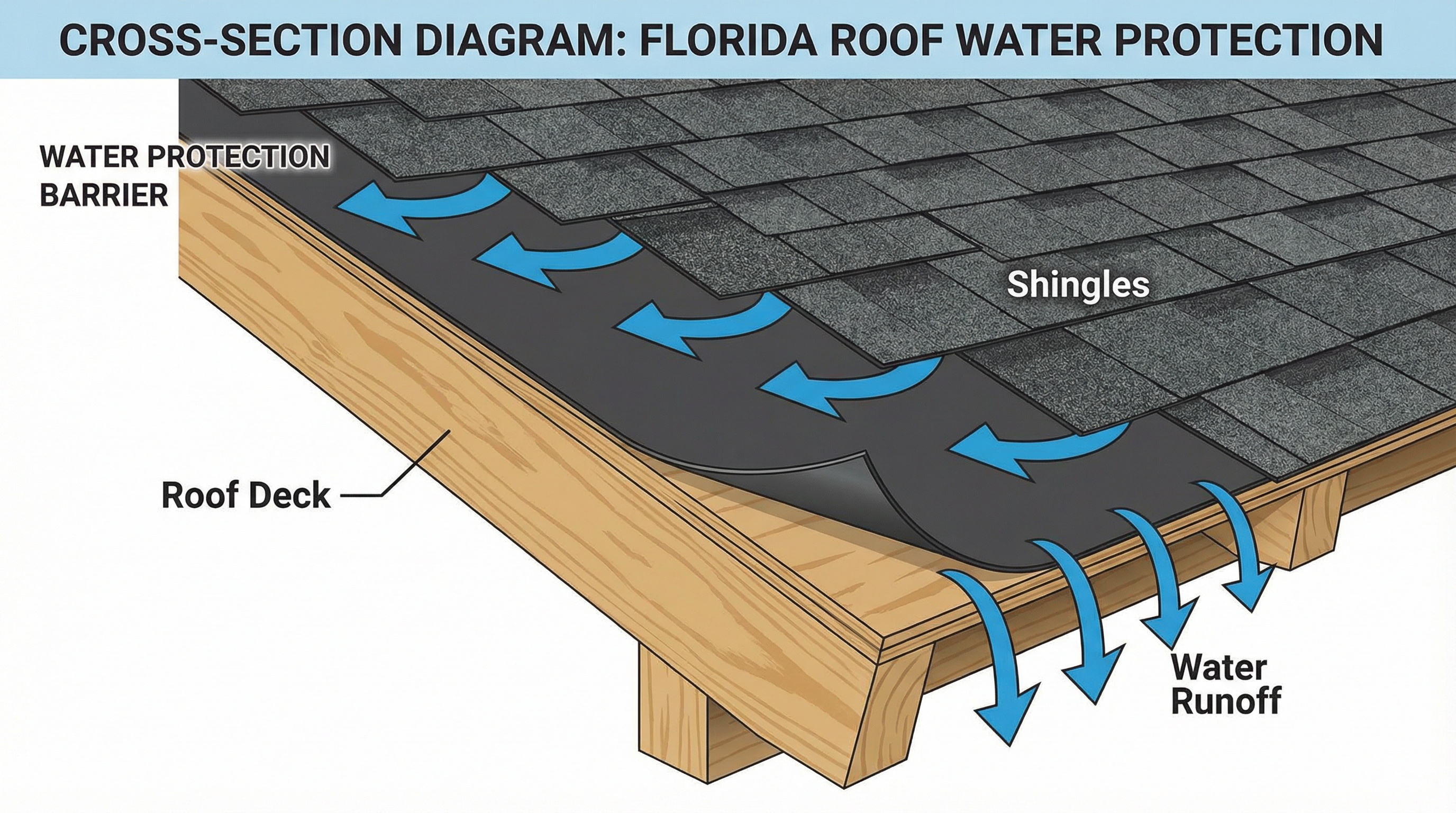 Cross-section diagram of Florida roof showing underlayment layer between deck and shingles with water protection arrows