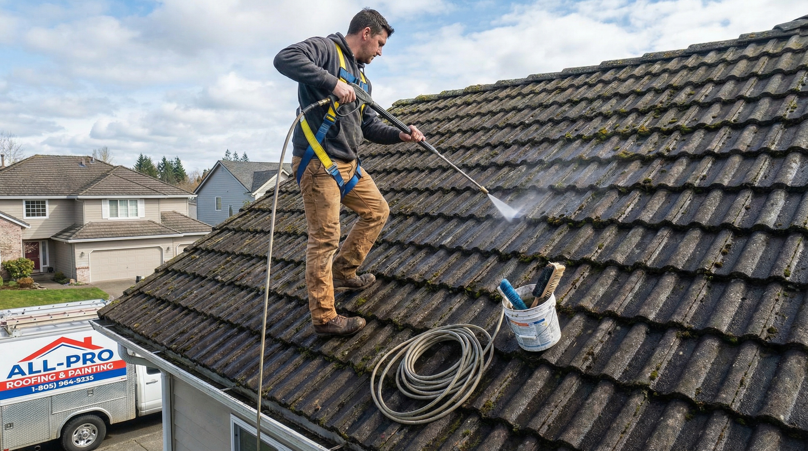 Professional roofer cleaning concrete tiles with pressure washer before painting