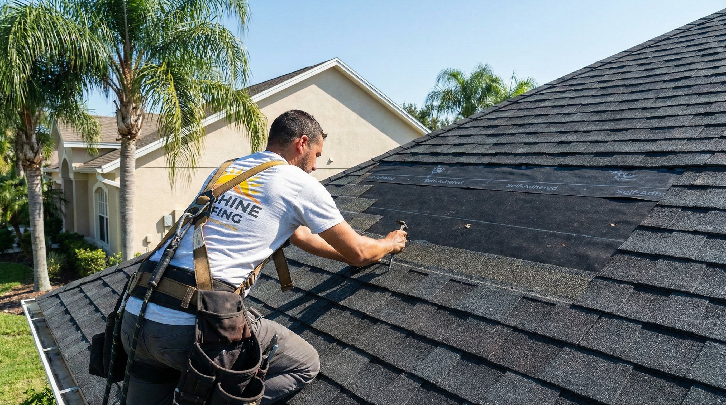 Professional roofer installing architectural shingles with proper underlayment in Florida