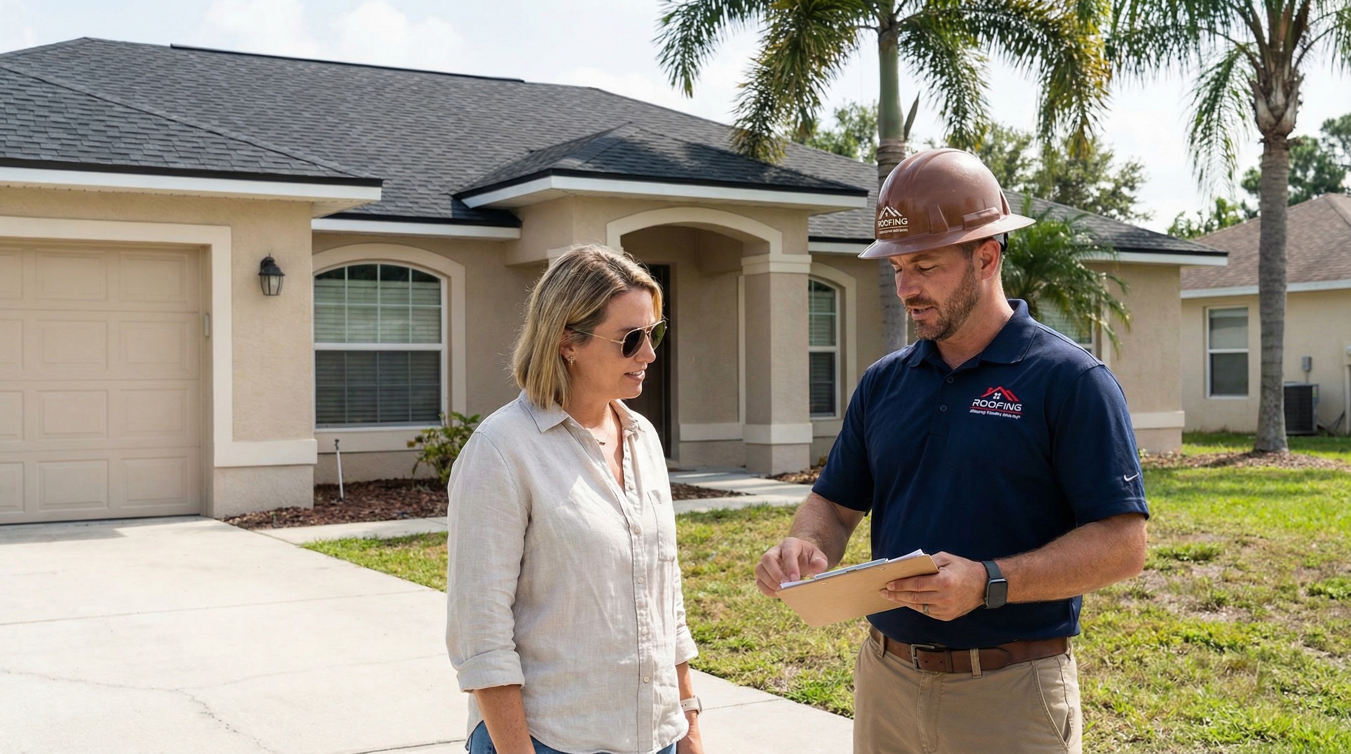 Roofing contractor explaining financing options to Florida homeowner in front of house with new roof installation