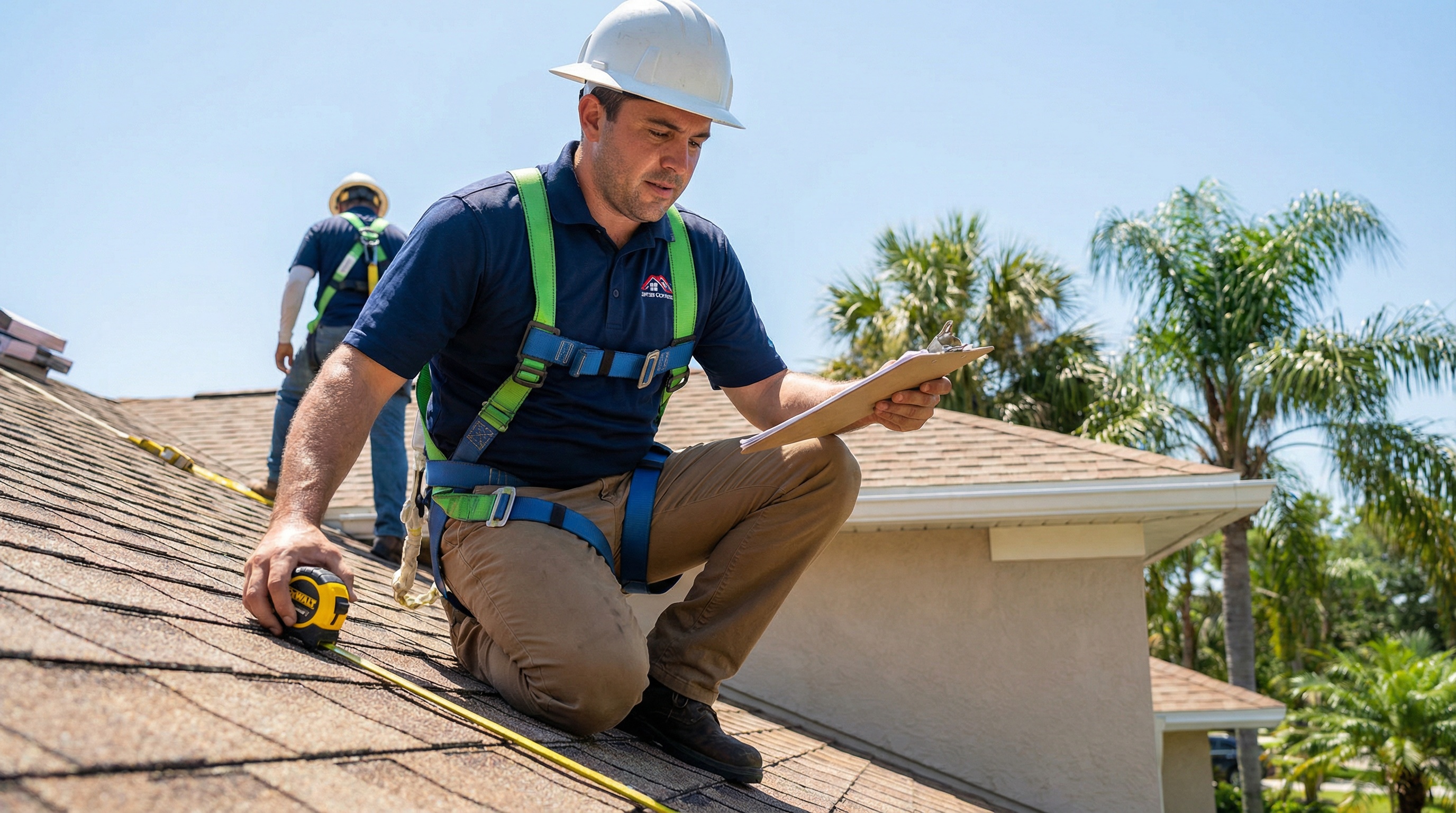 Roofing contractor measuring Florida home
