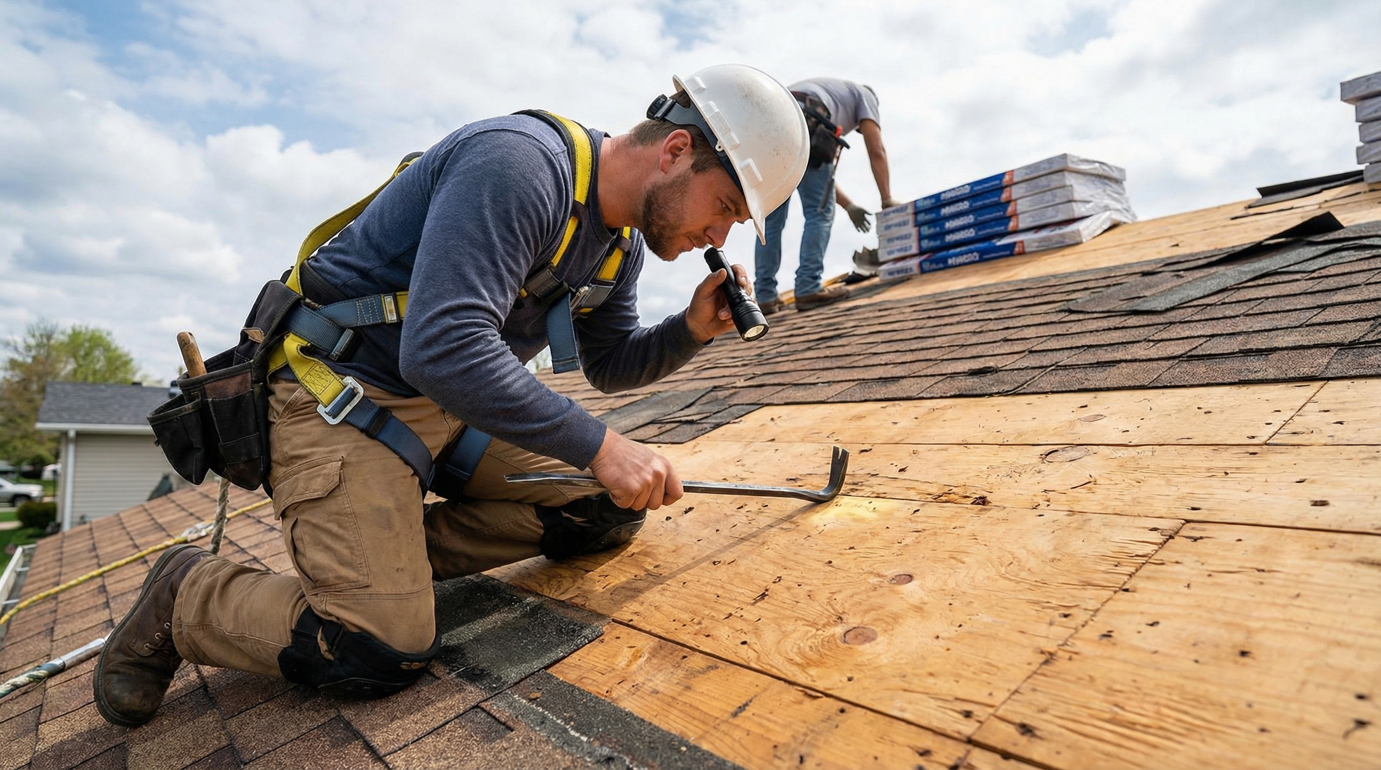 Roofing contractor inspecting roof deck condition during replacement
