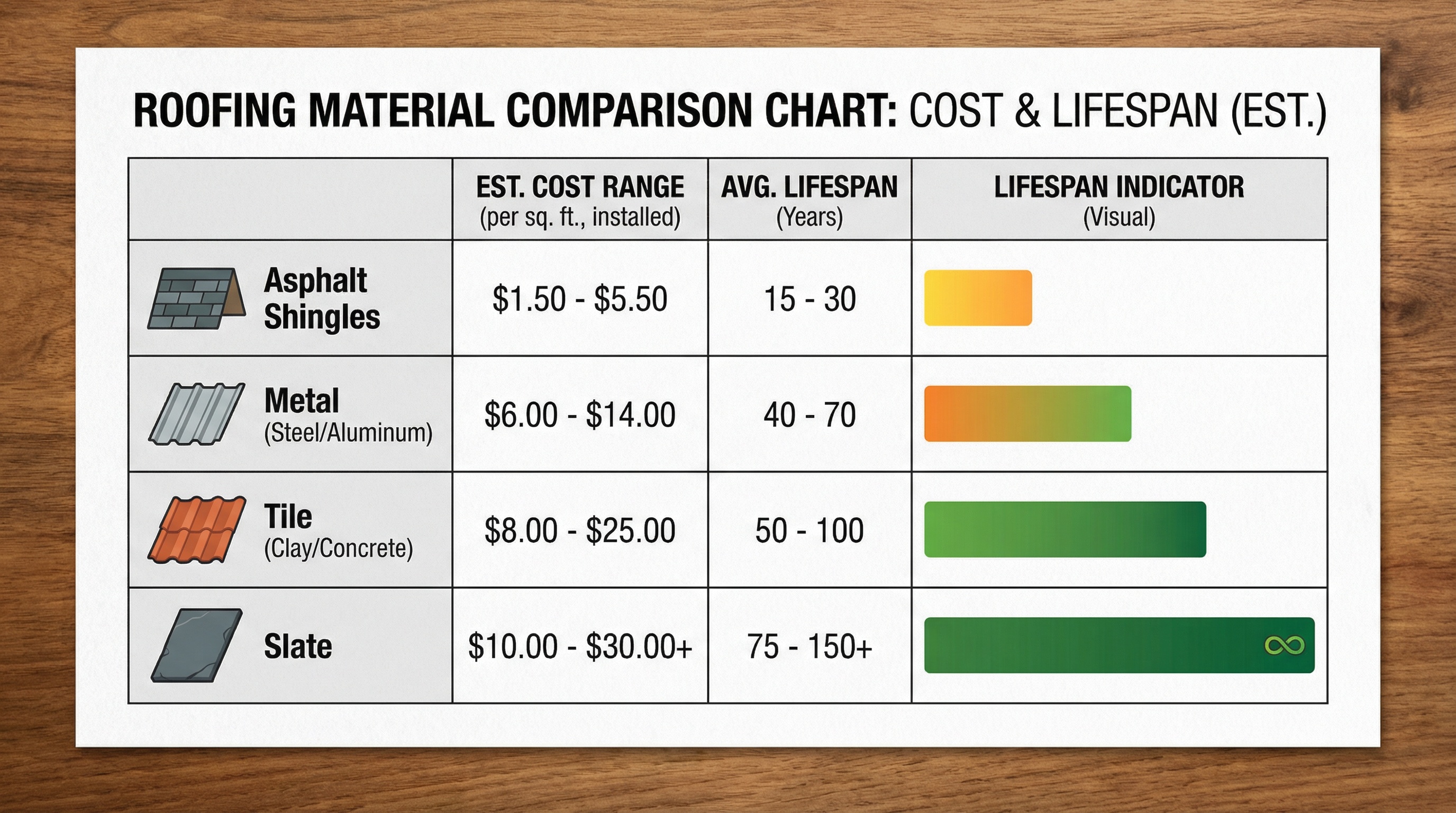 comparison chart showing different roofing materials with cost breakdowns and lifespan indicators