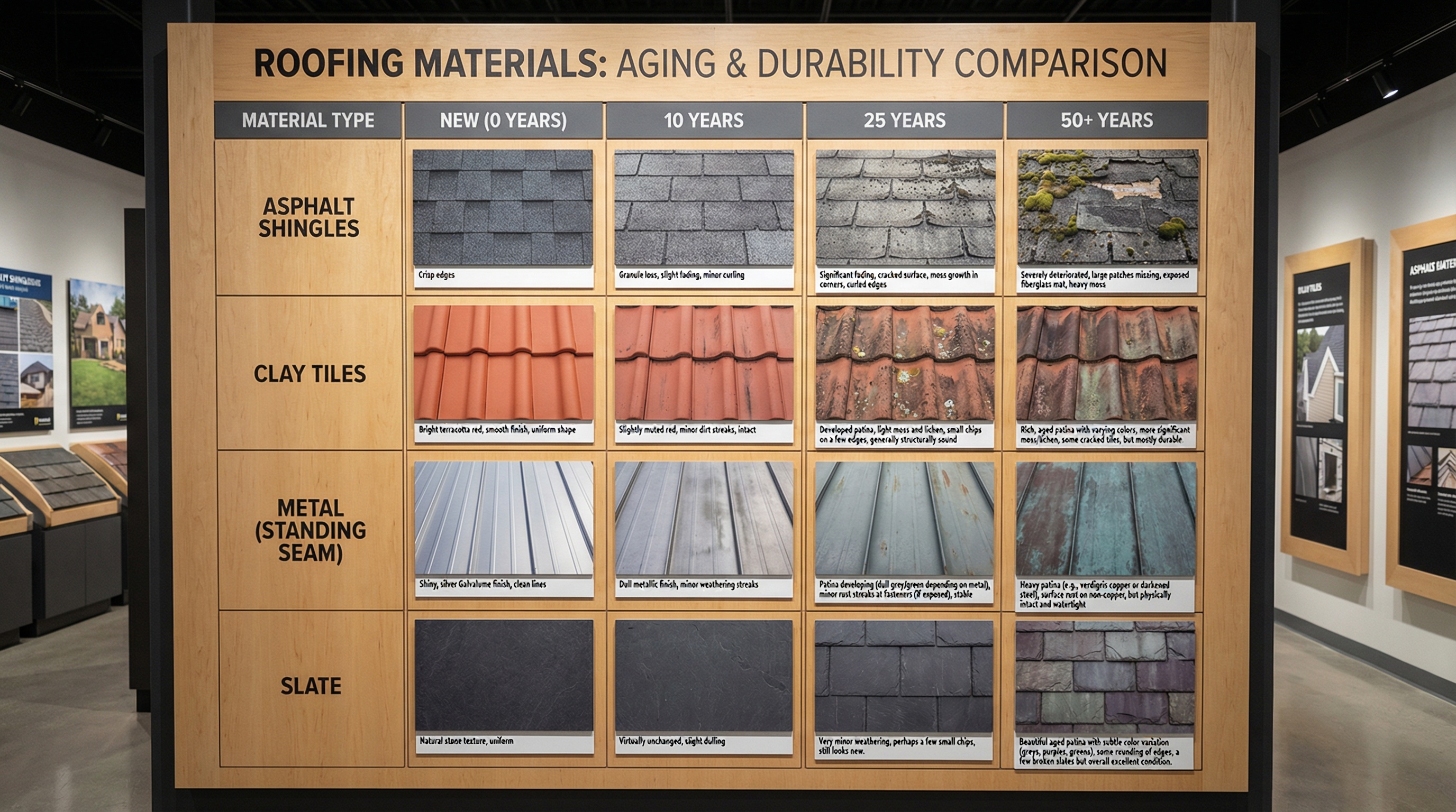 Comparison chart showing different roofing materials at various aging stages