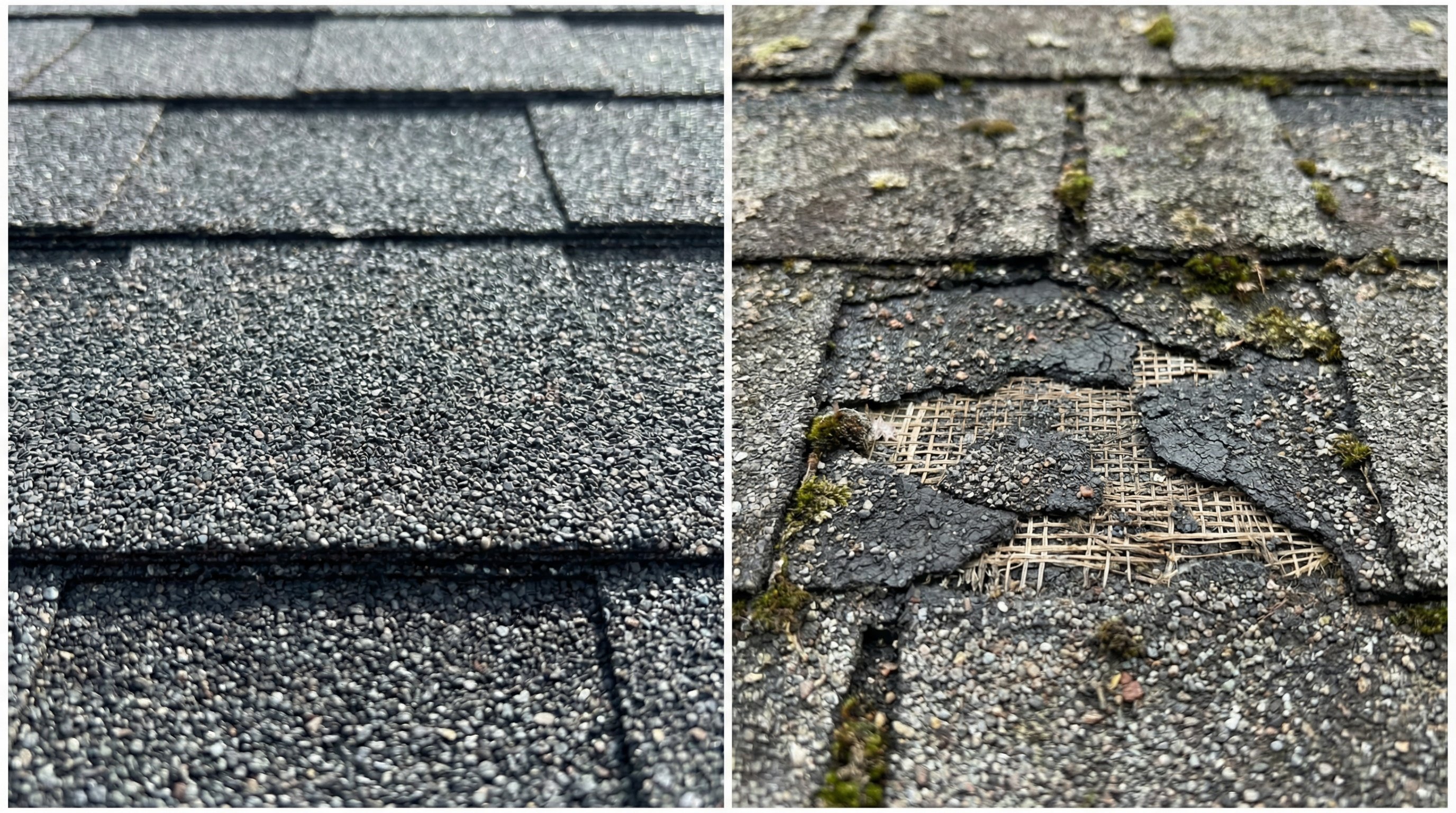 Close-up comparison of new shingles versus 20-year-old shingles showing granule loss