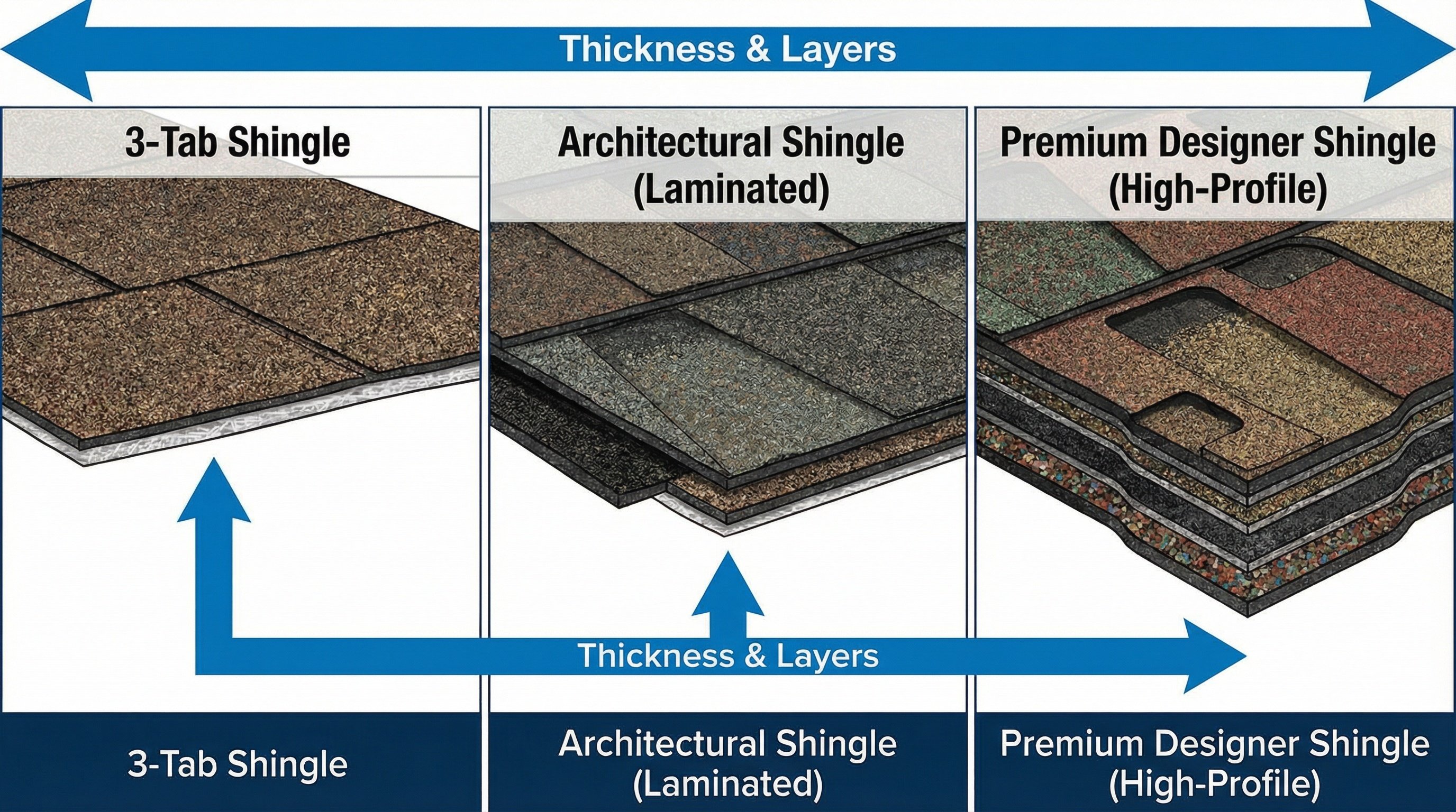 Cross-section comparison of 3-tab vs architectural vs premium asphalt shingles