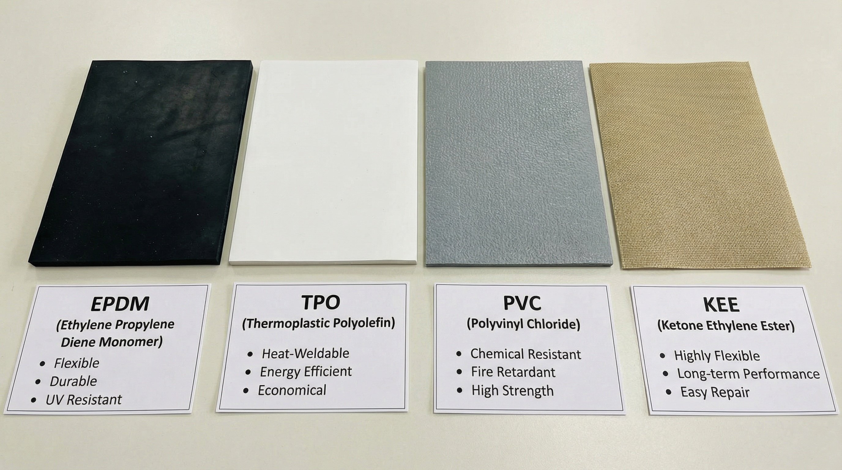 Side-by-side comparison showing different single-ply membrane materials with labels and performance characteristics