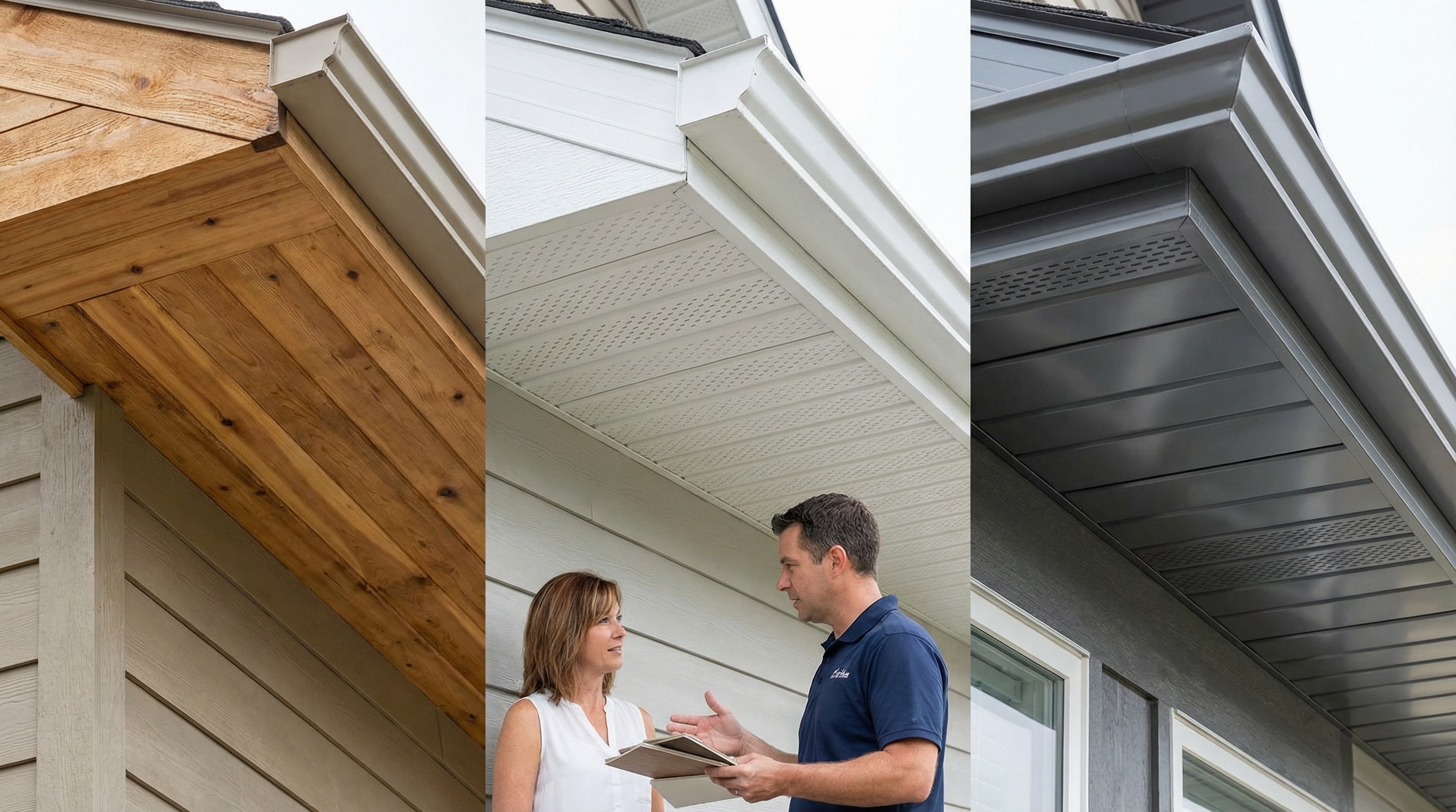 Comparison of different soffit materials - wood, vinyl, and aluminum