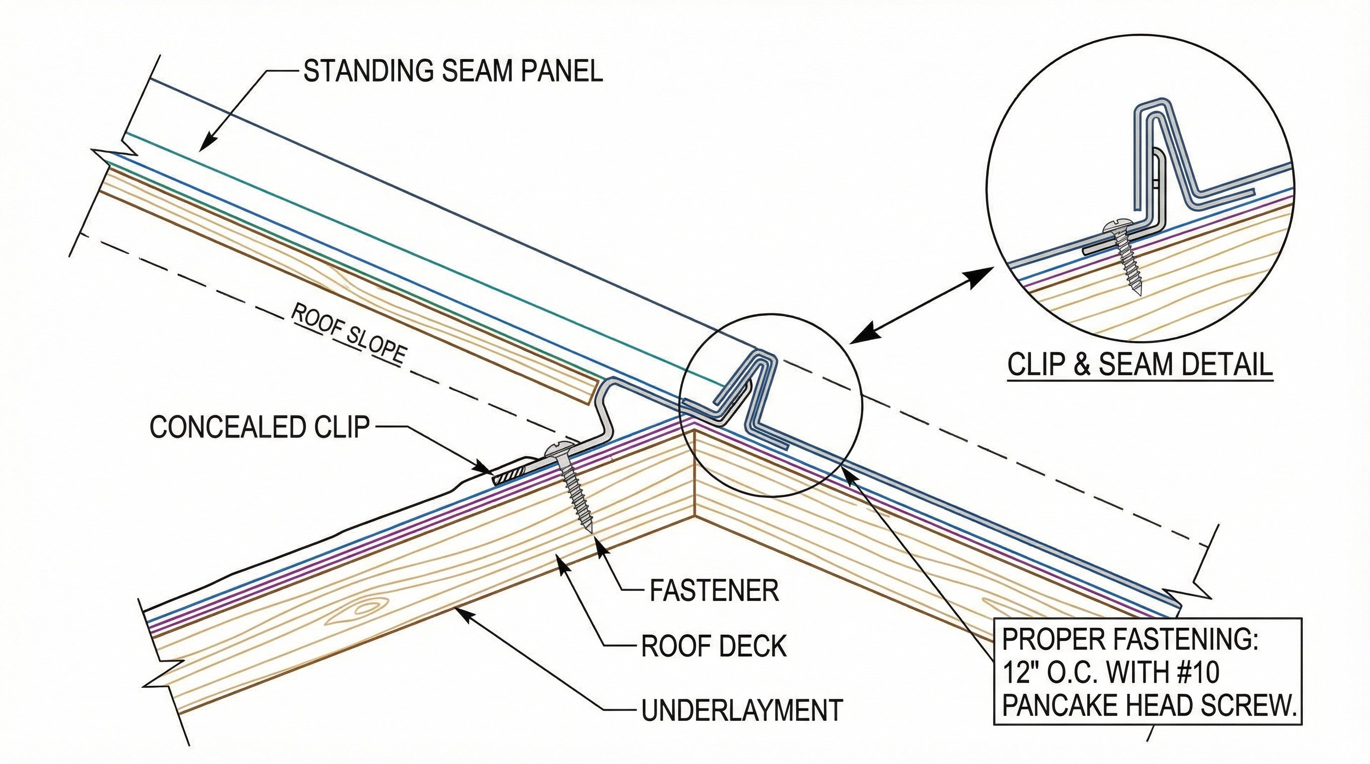 Cross-section diagram showing standing seam installation with concealed clips and proper fastening methods