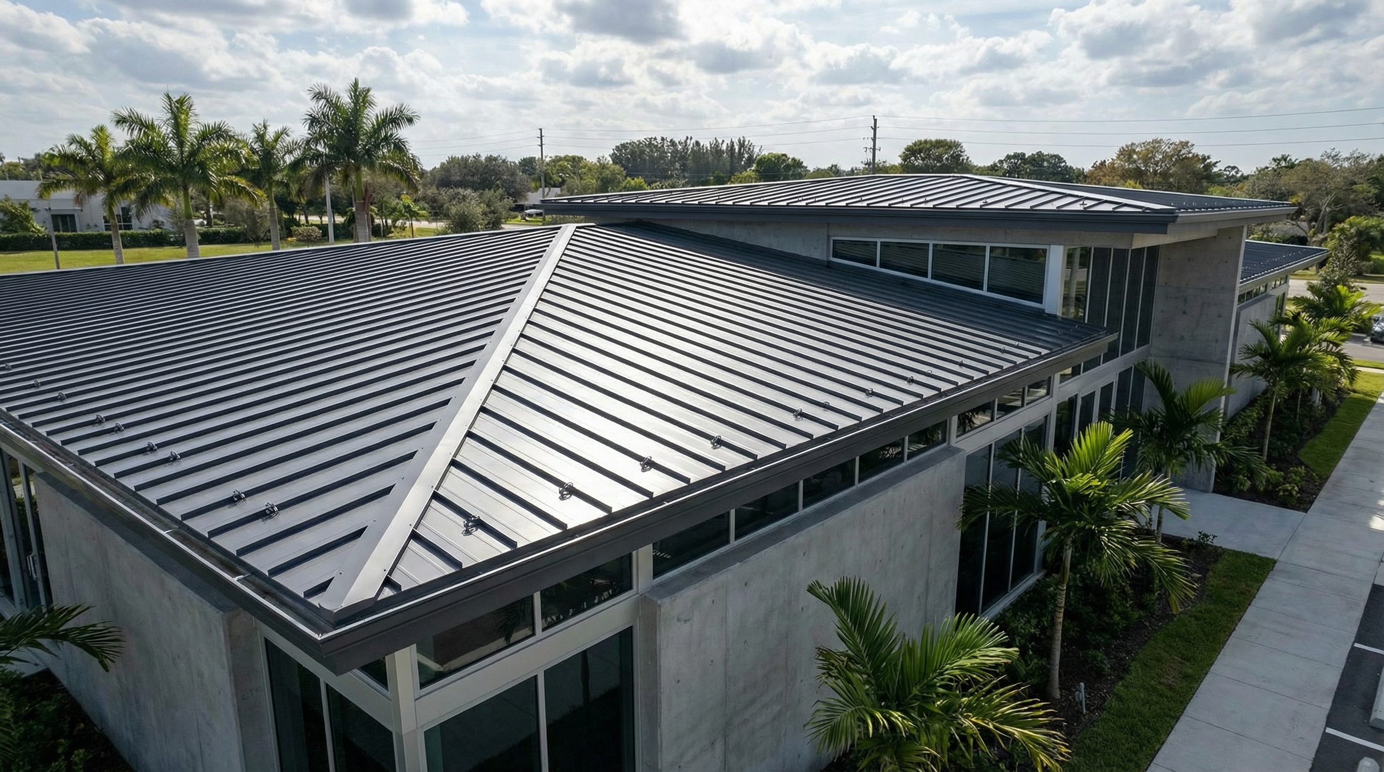 Standing seam metal flat roof in Florida with hurricane-resistant design