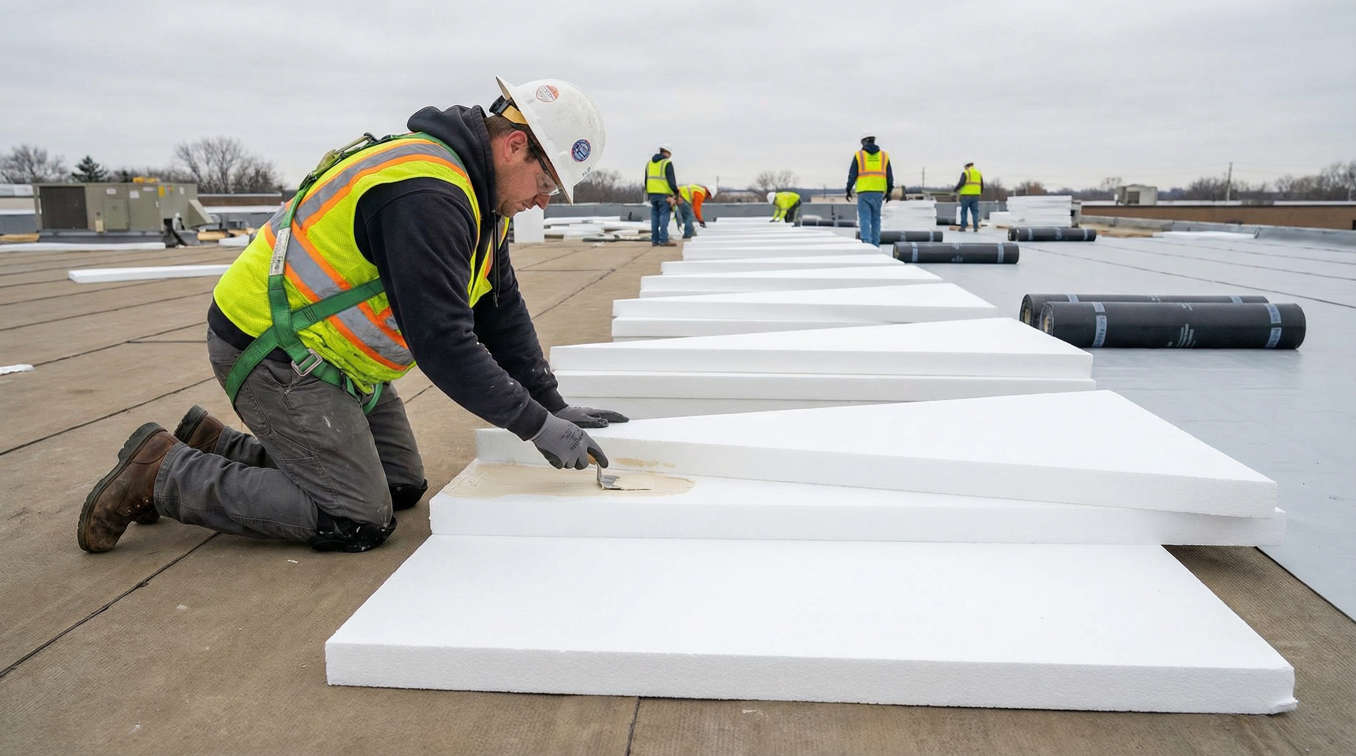 Tapered insulation installation on low slope roof in Florida