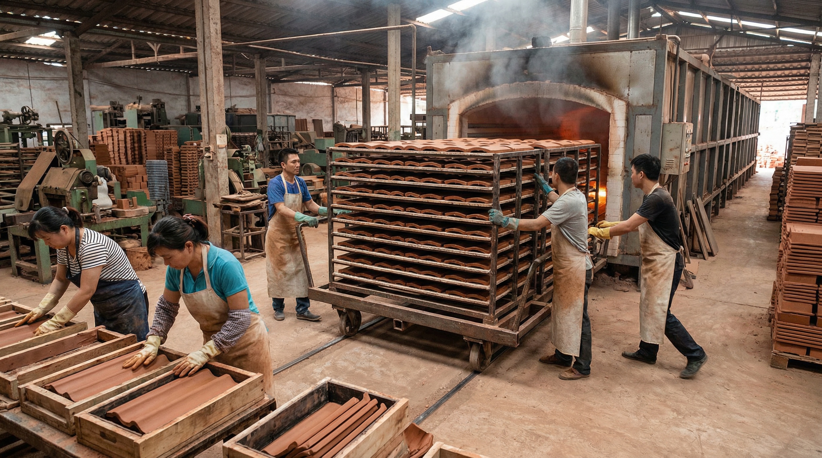 Terracotta tile manufacturing process with clay kiln firing