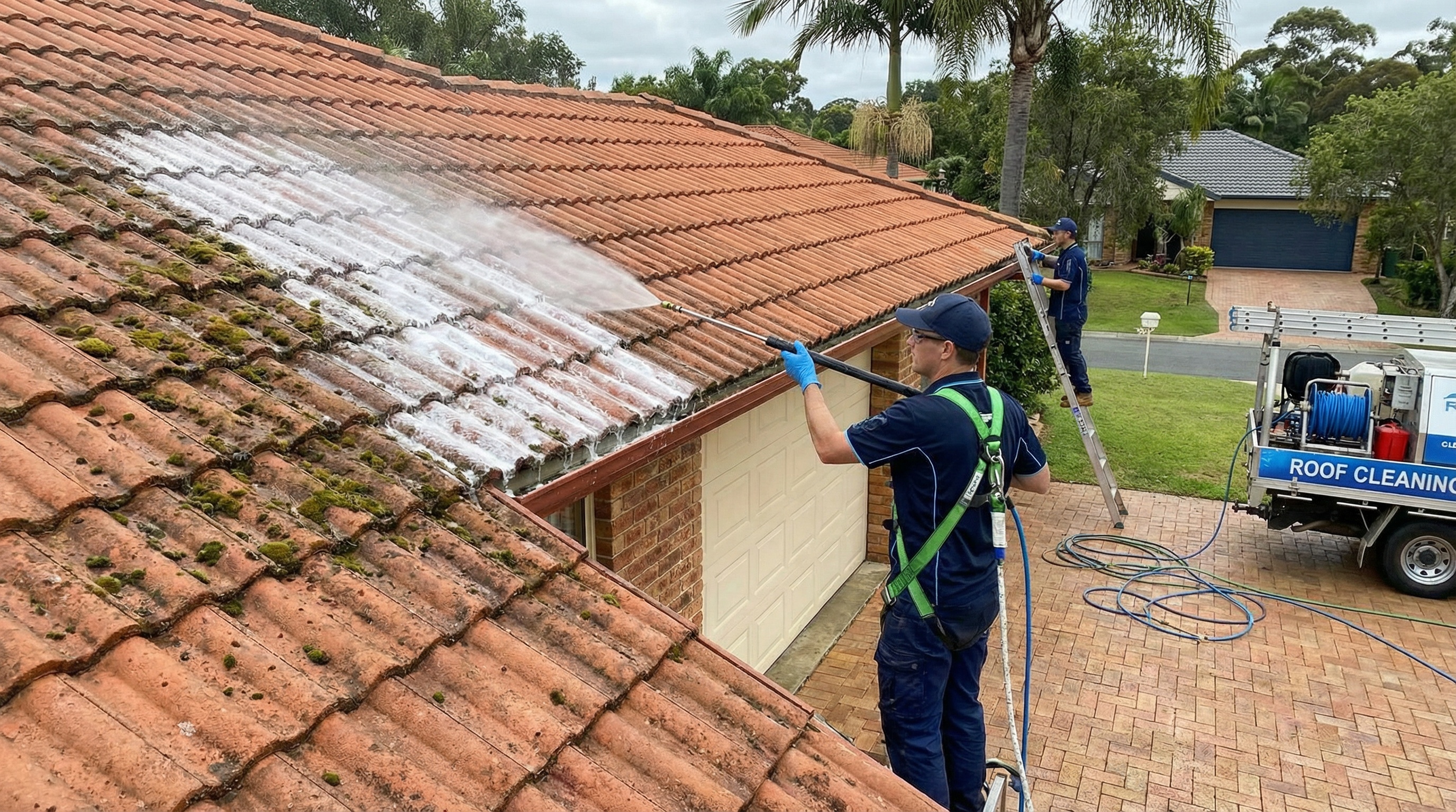 Tile roof soft washing process in Florida