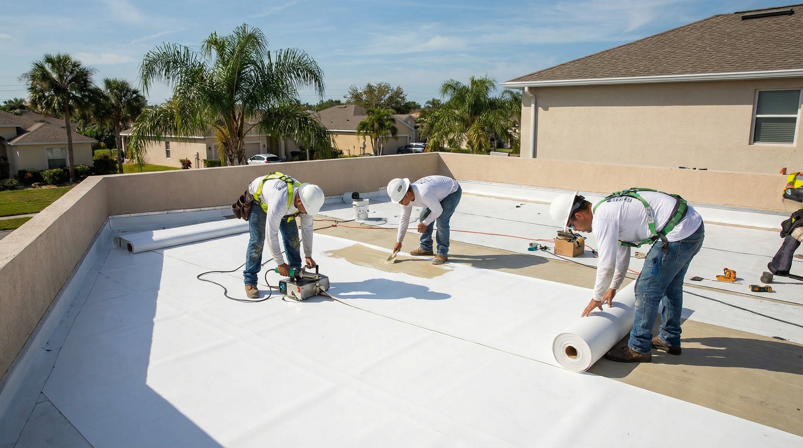 TPO flat roof installation with white membrane in Florida