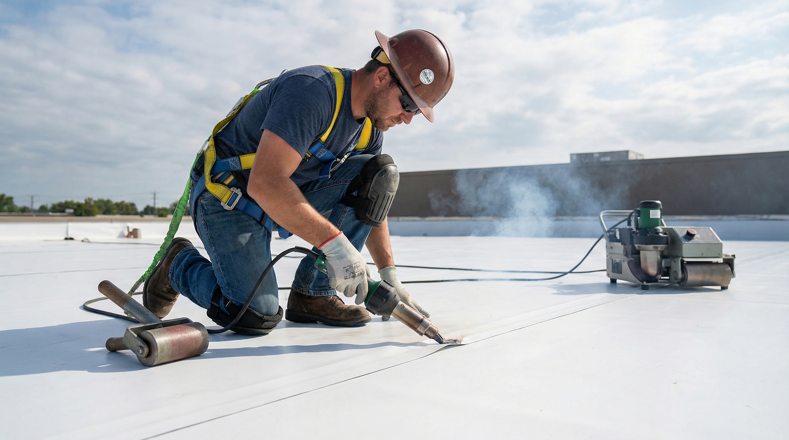 Professional roofer using heat-welding equipment on TPO seams with safety equipment and proper technique demonstrated