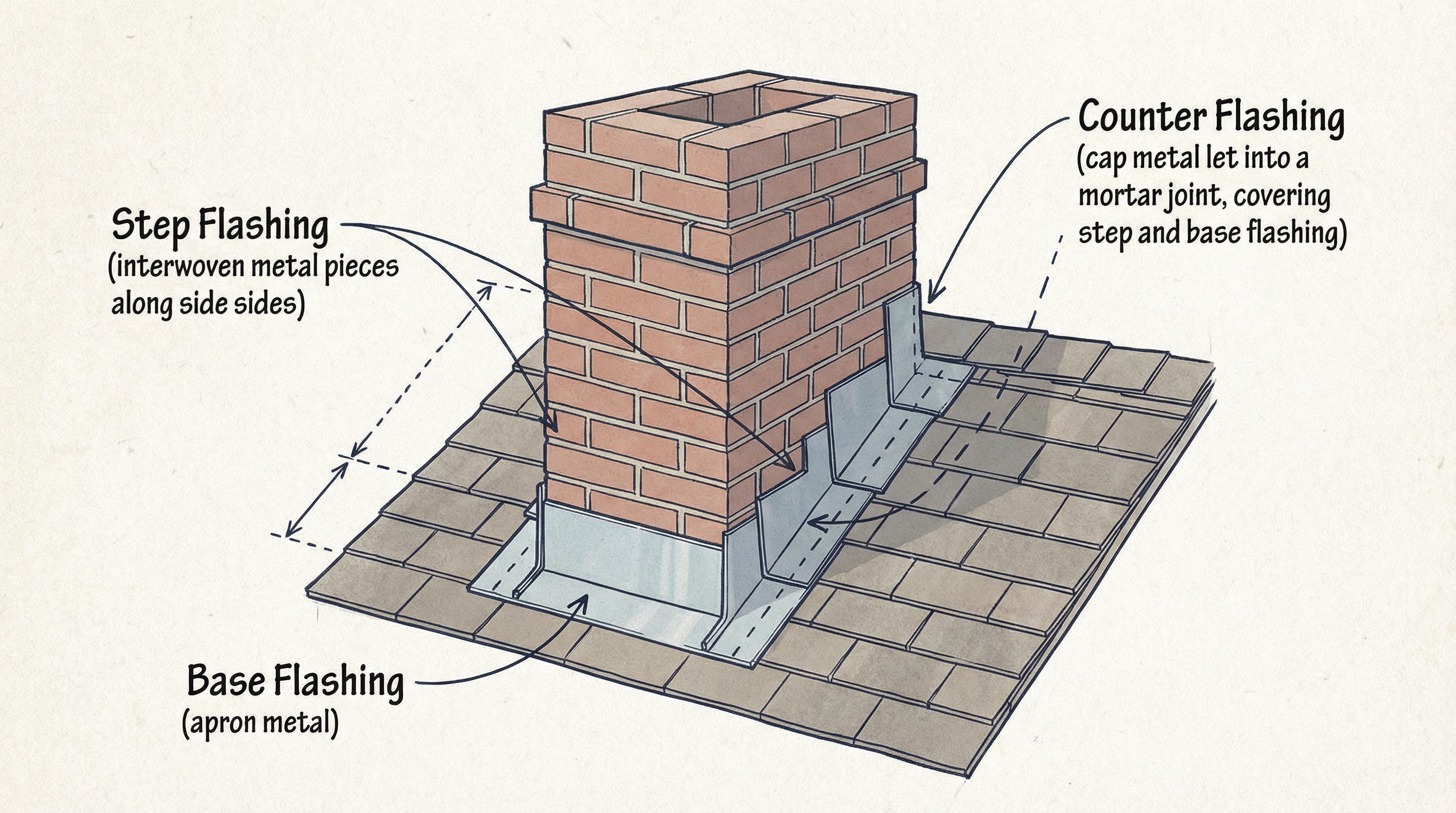 Diagram showing different types of chimney flashing including base, step, and counter flashing