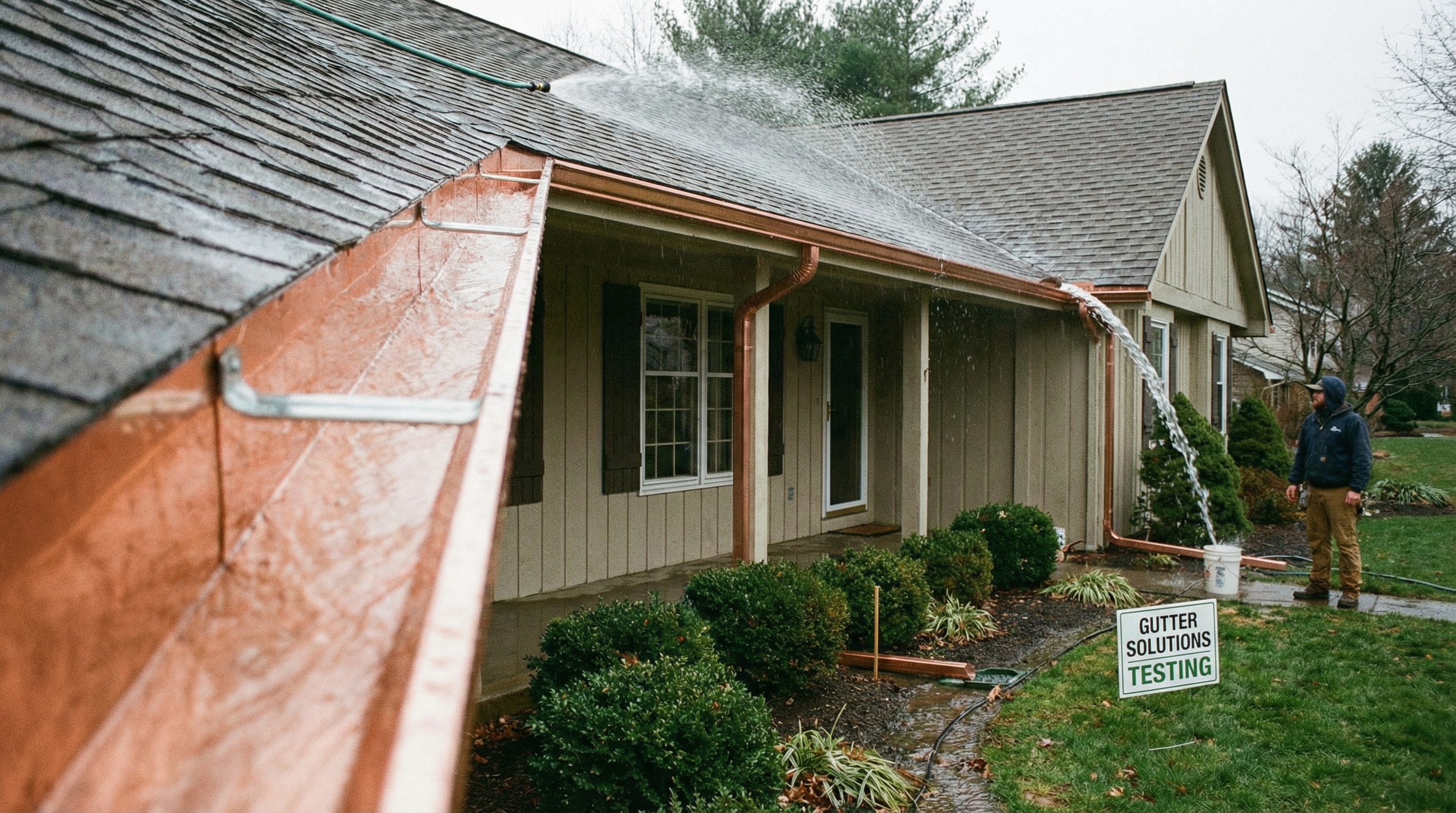 Water flowing smoothly through newly installed gutters during testing phase