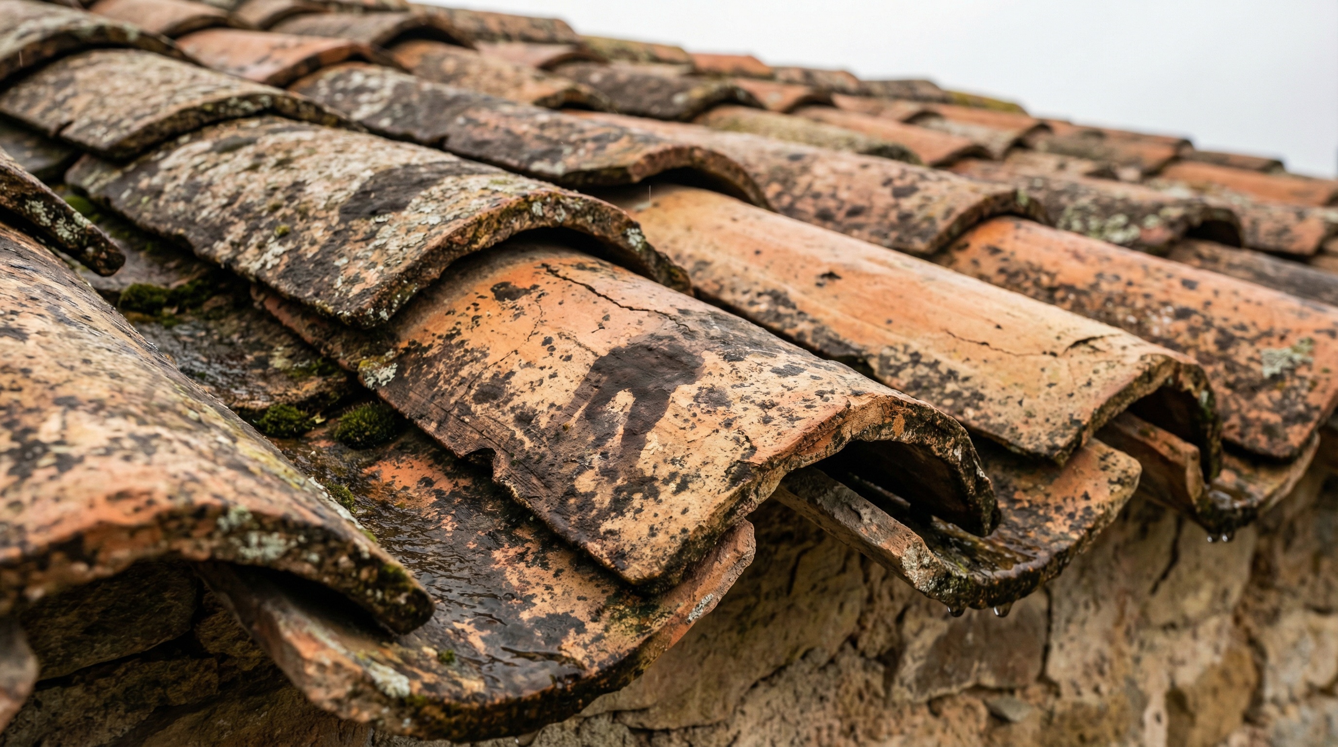 Close-up of weathered clay tiles showing natural patina and durability
