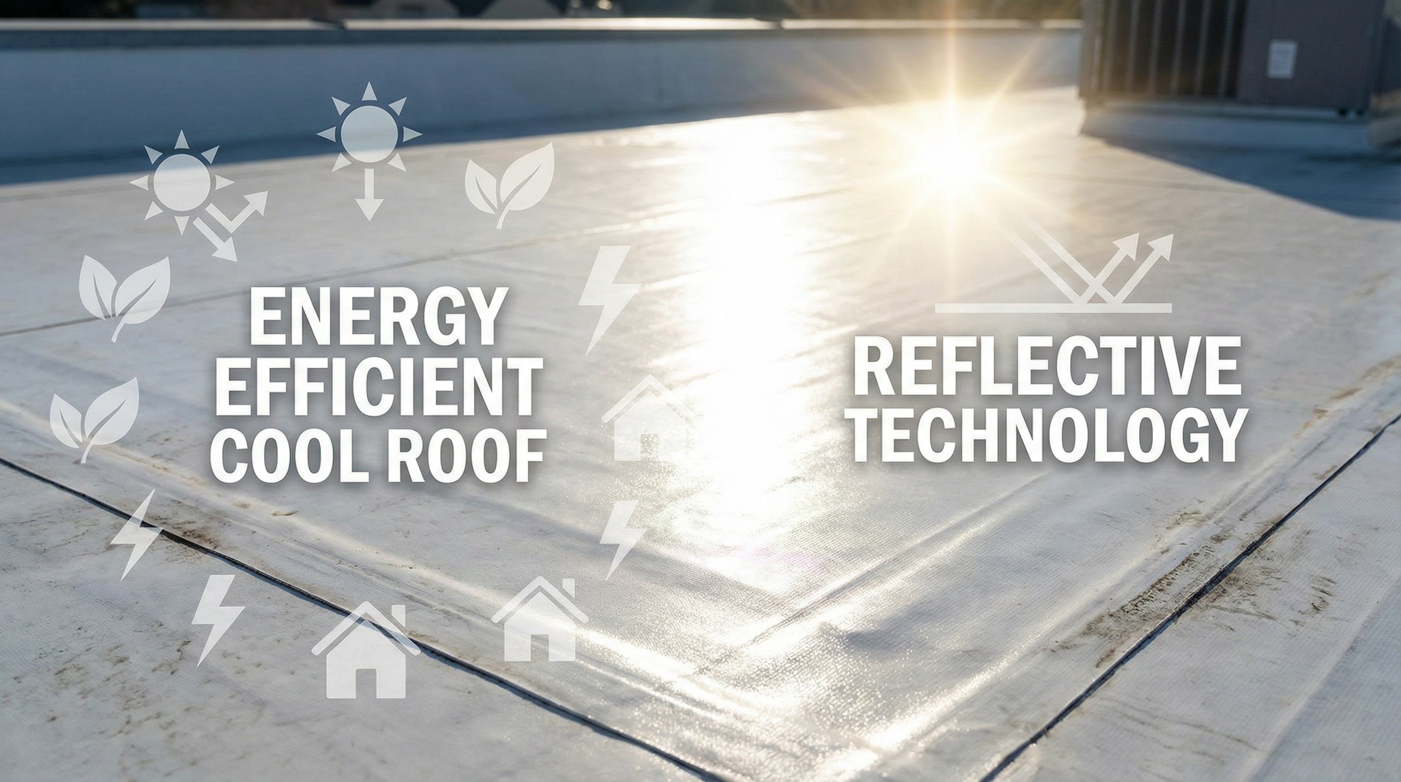 Close-up view of white single-ply membrane reflecting sunlight with energy efficiency icons overlay