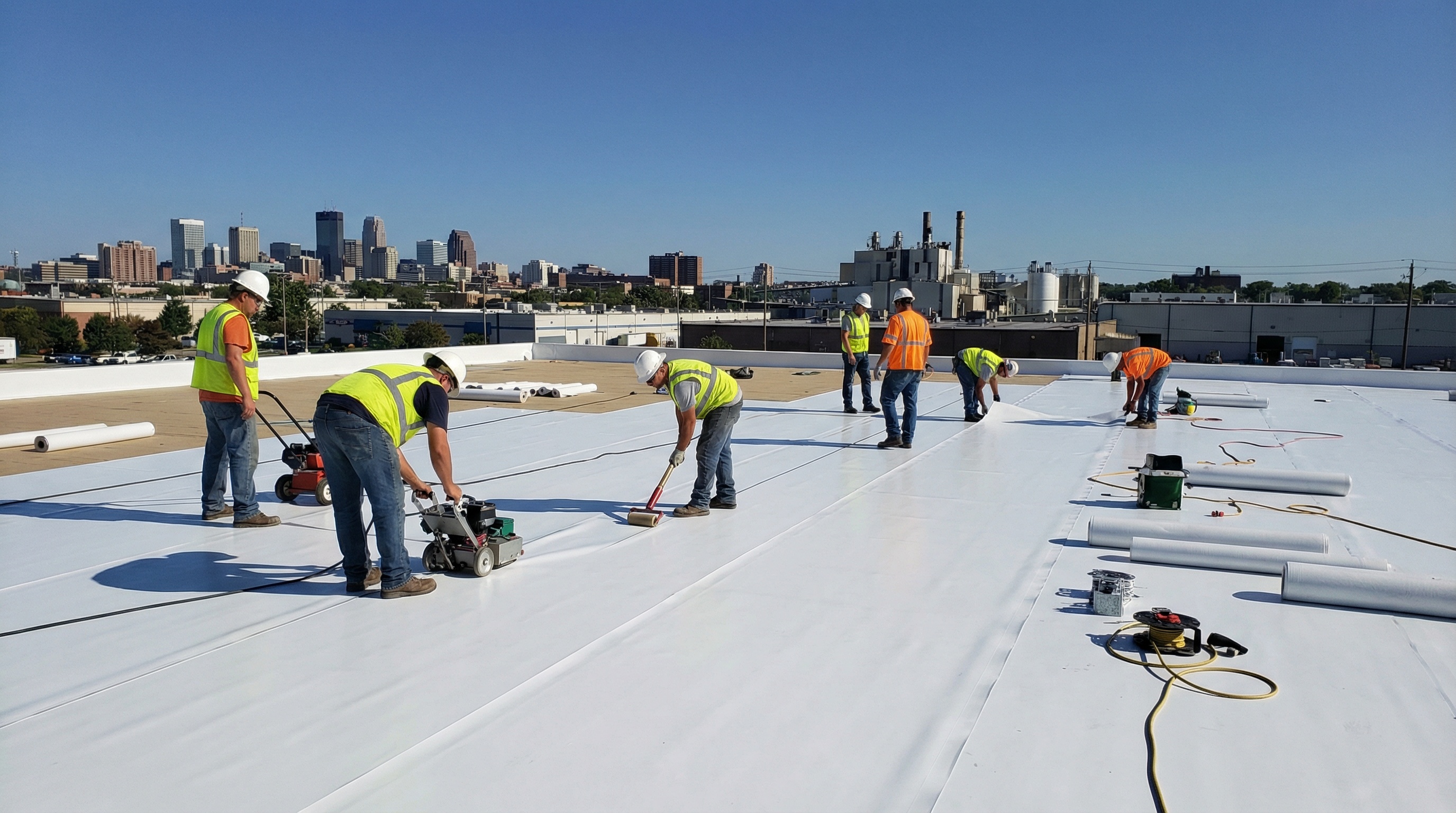 white TPO membrane being installed on commercial building