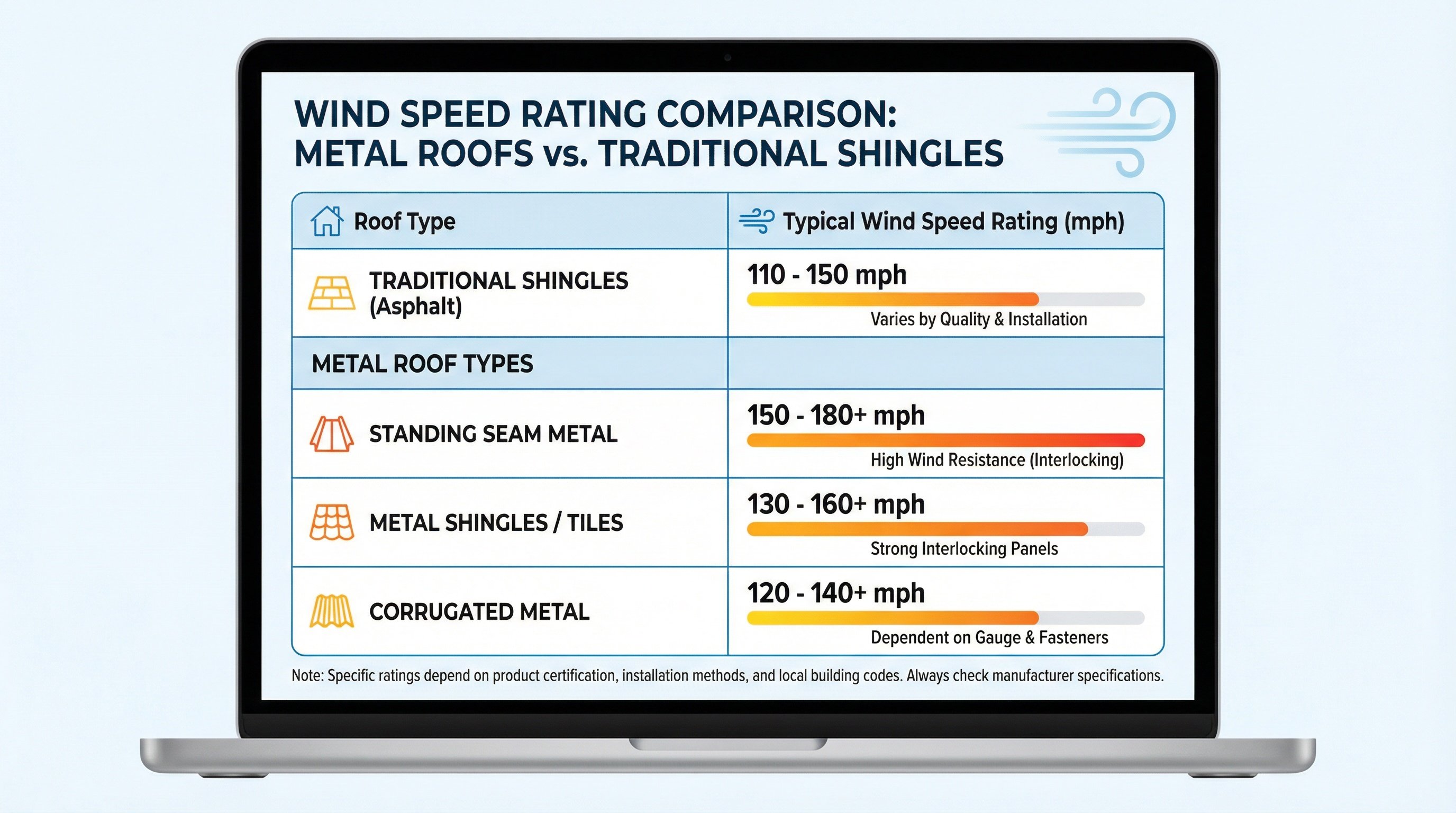Comparison chart showing wind speed ratings for different metal roof types versus traditional shingles