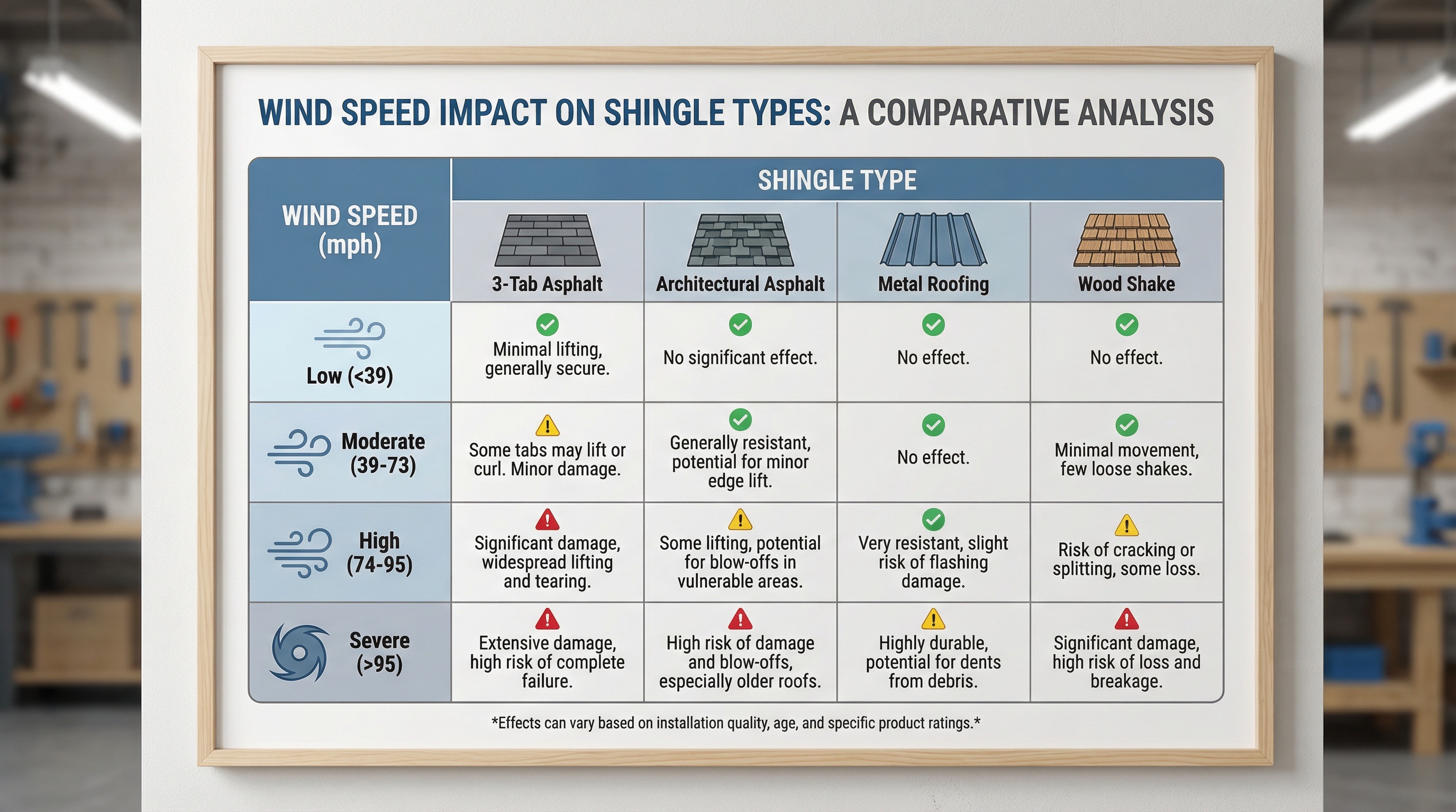 Comparison chart showing different wind speeds and their effects on various shingle types