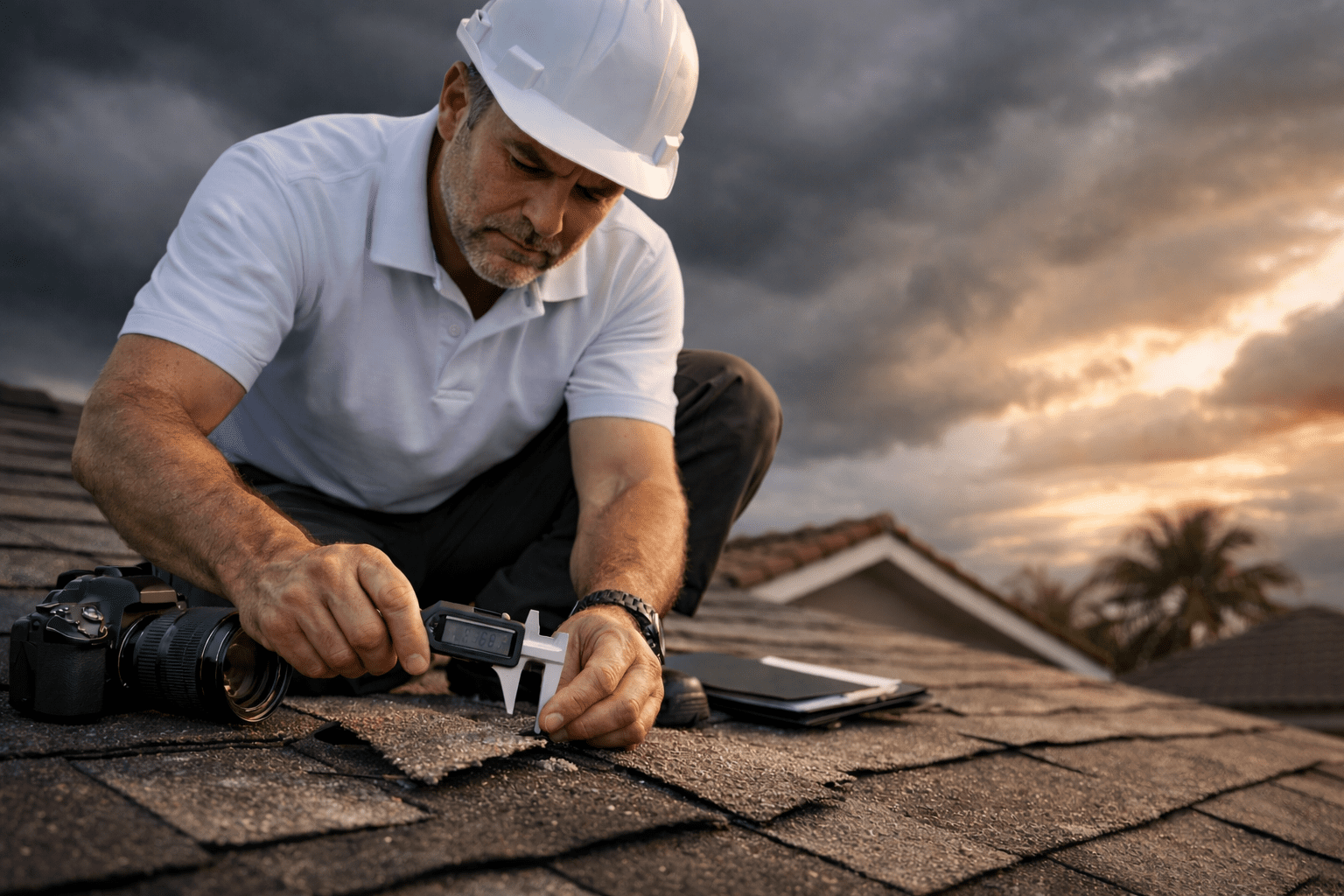 Engineer inspecting roof with tools for roof claim.