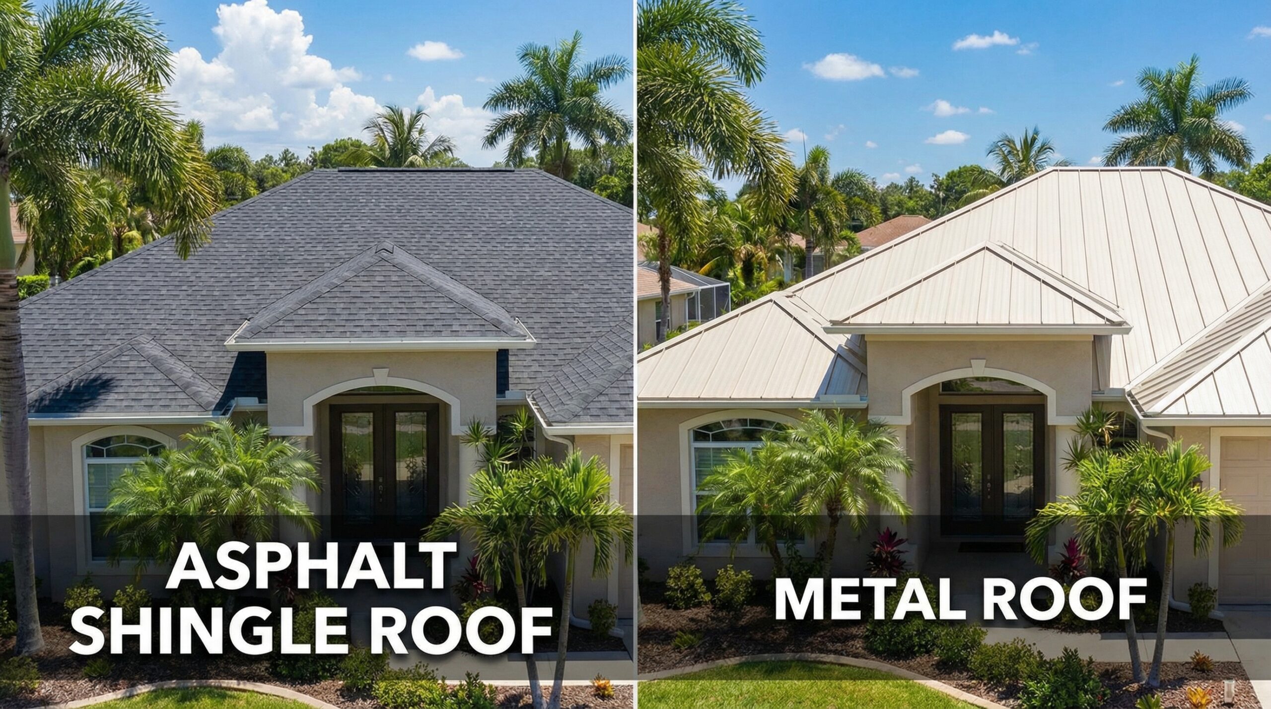 Split view showing asphalt shingle roof and metal roof side by side on similar Florida homes