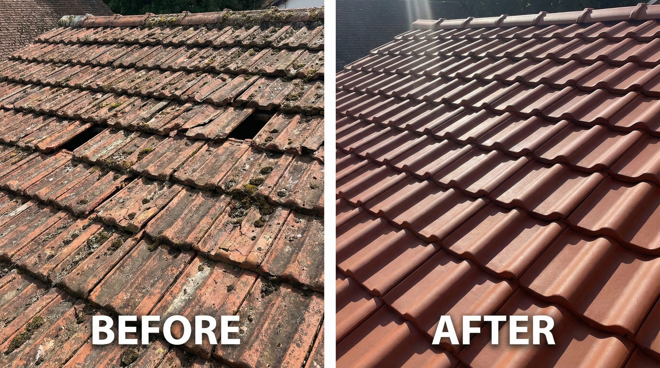 Before and after comparison of tile roof repair showing improved condition