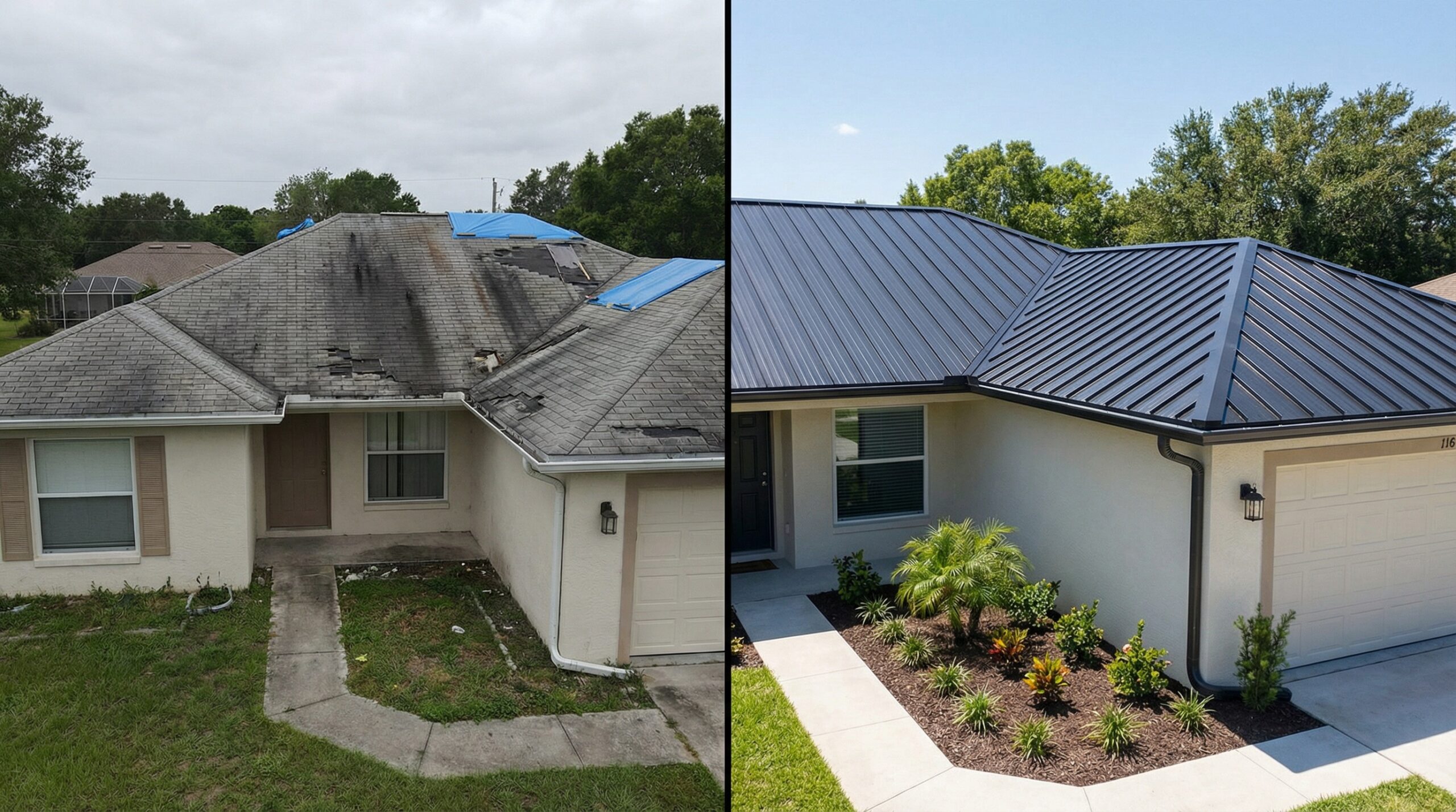 Before and after Florida roof replacement showing storm damage repair
