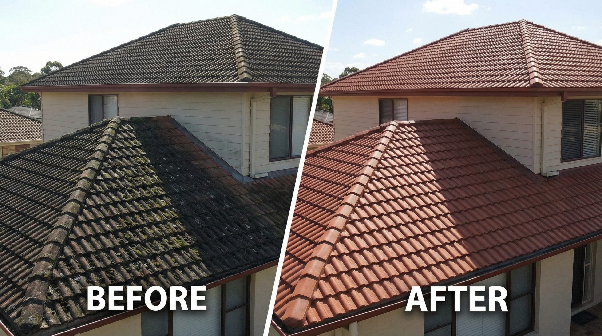 Before After Tile Roof Cleaning Showing Algae Removal