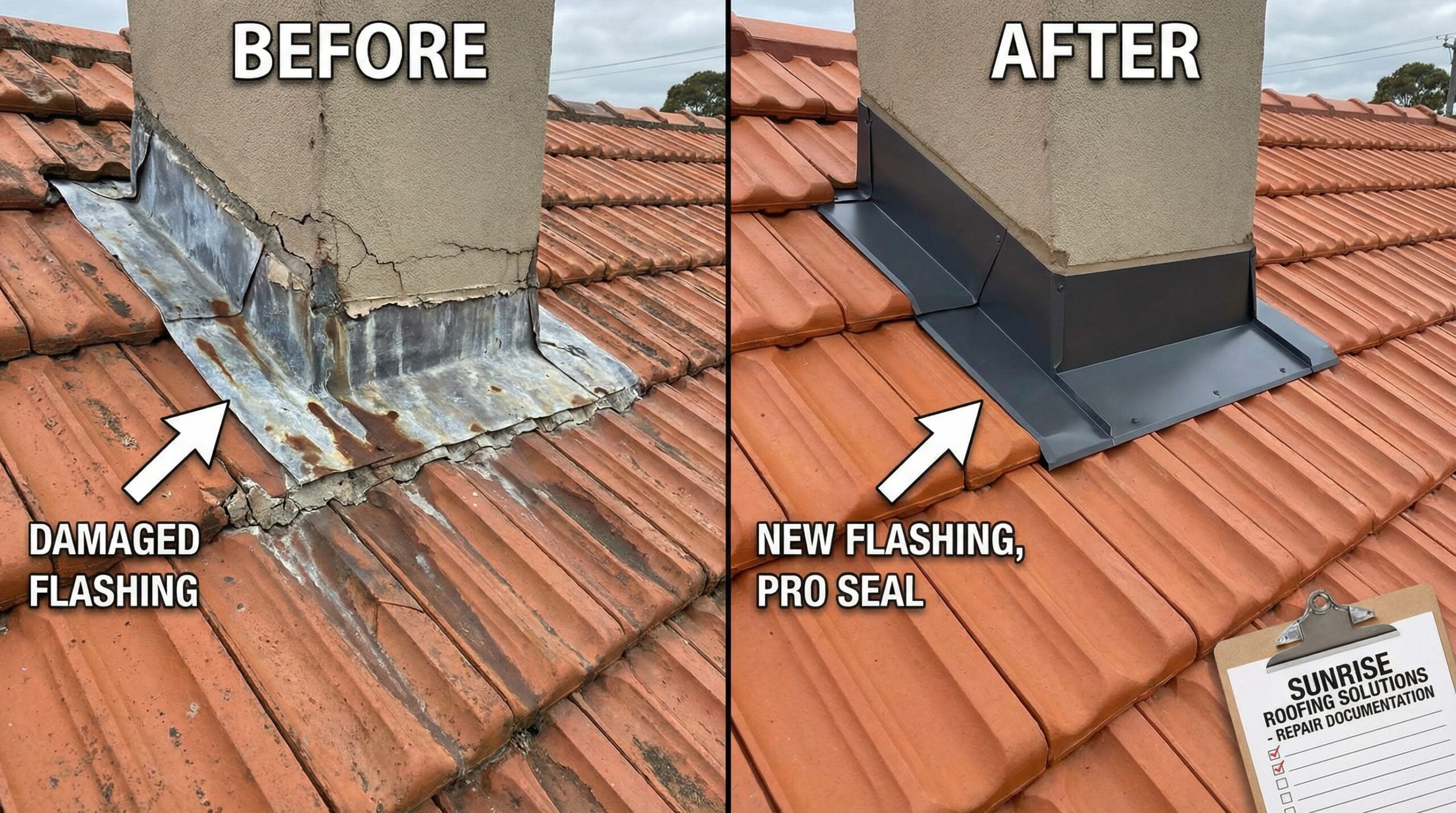 Before and after comparison of roof with proper flashing repair
