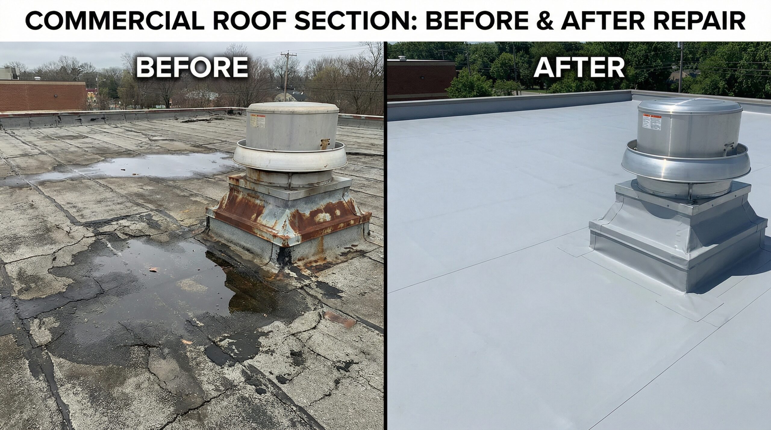 before and after comparison showing repaired commercial roof section