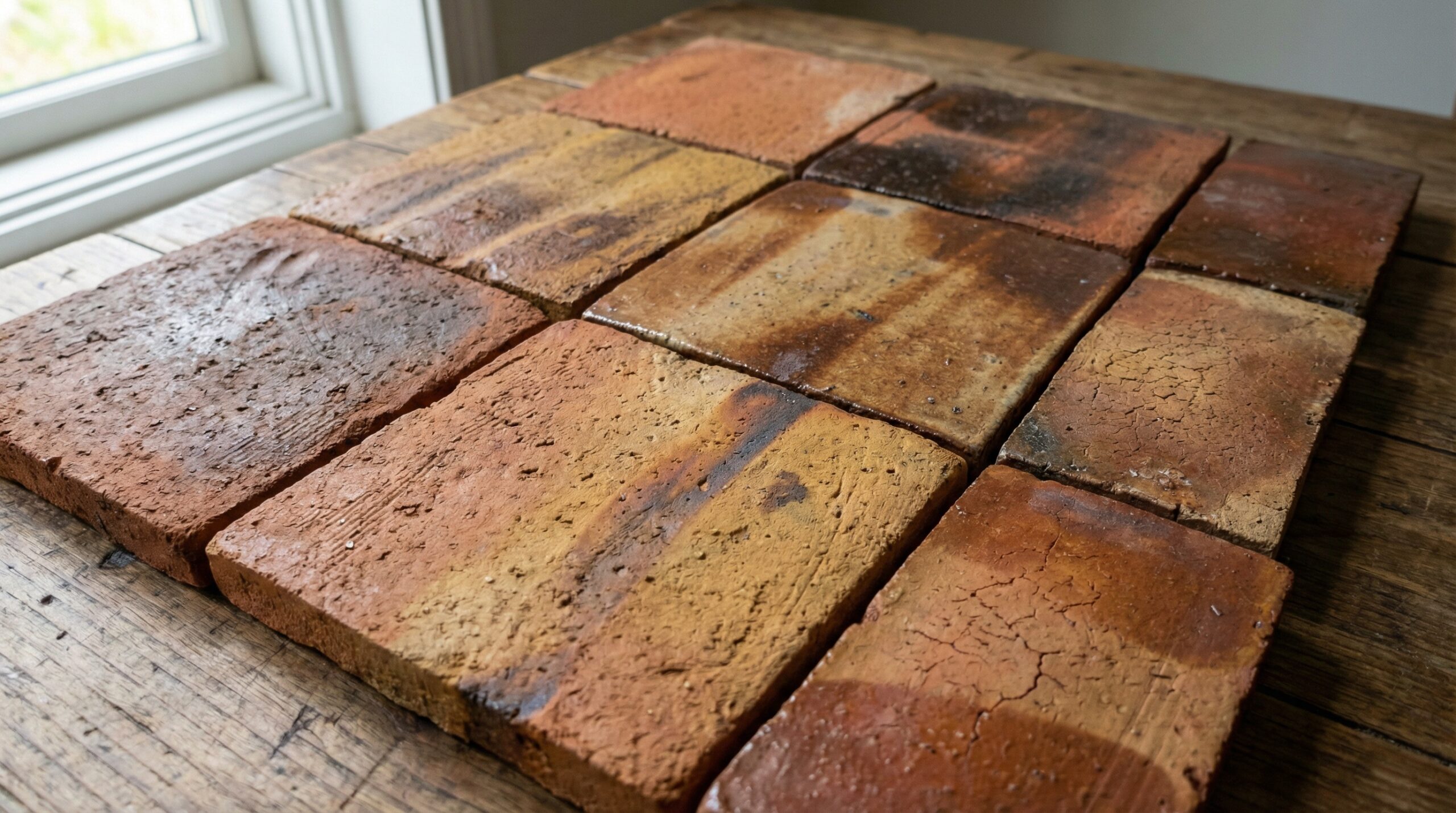 Close-up comparison of natural clay tiles showing color variations and texture