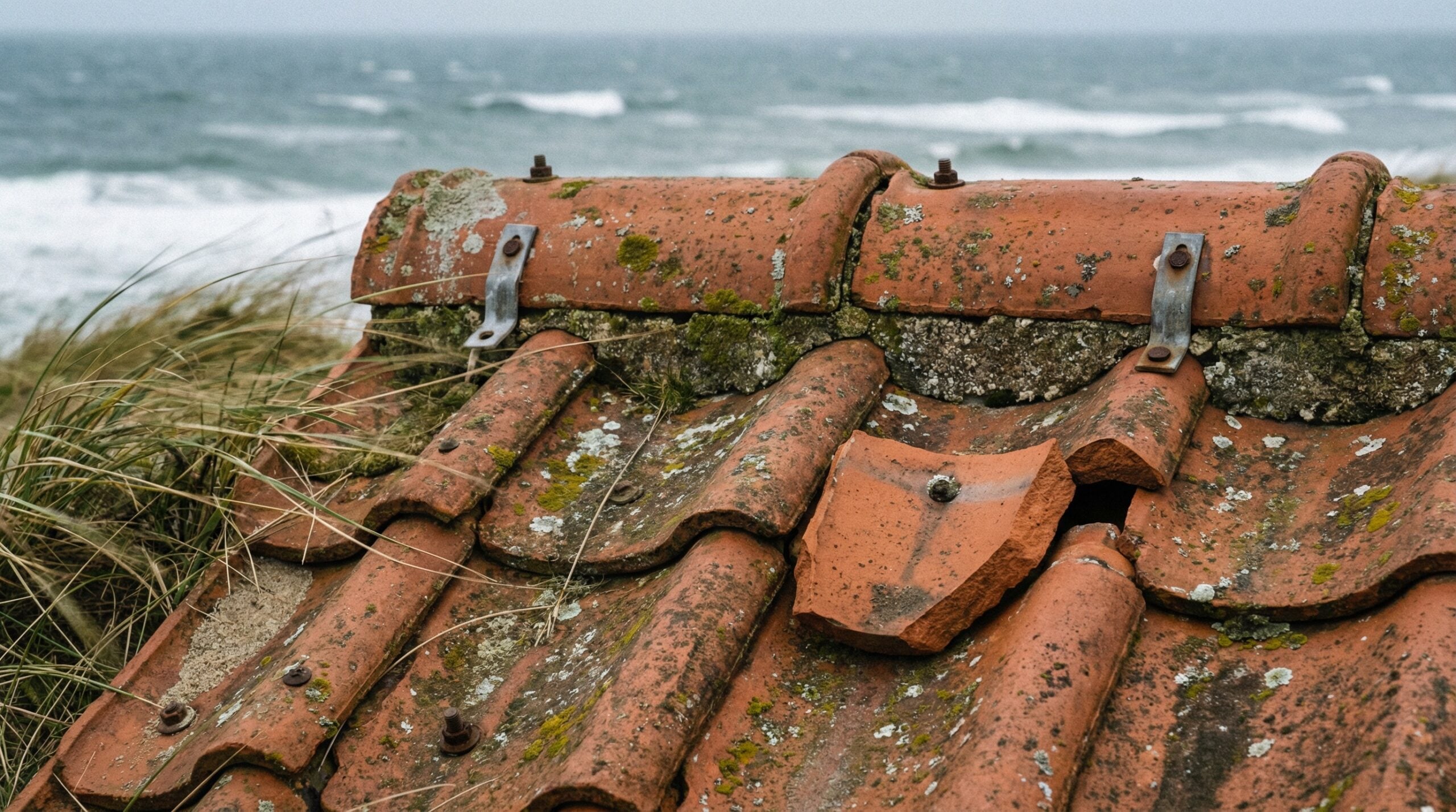 Close-up of clay tiles showing wind resistance and durability features