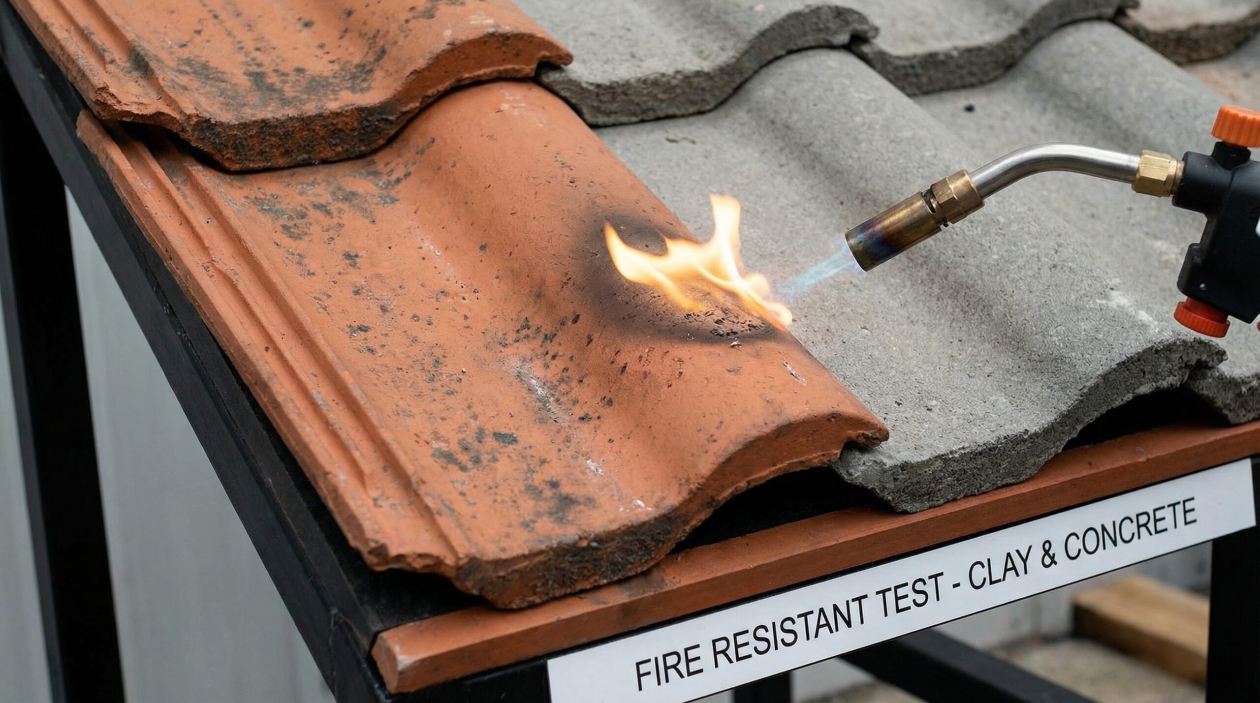 Close-up of clay and concrete roof tiles showing fire resistant properties