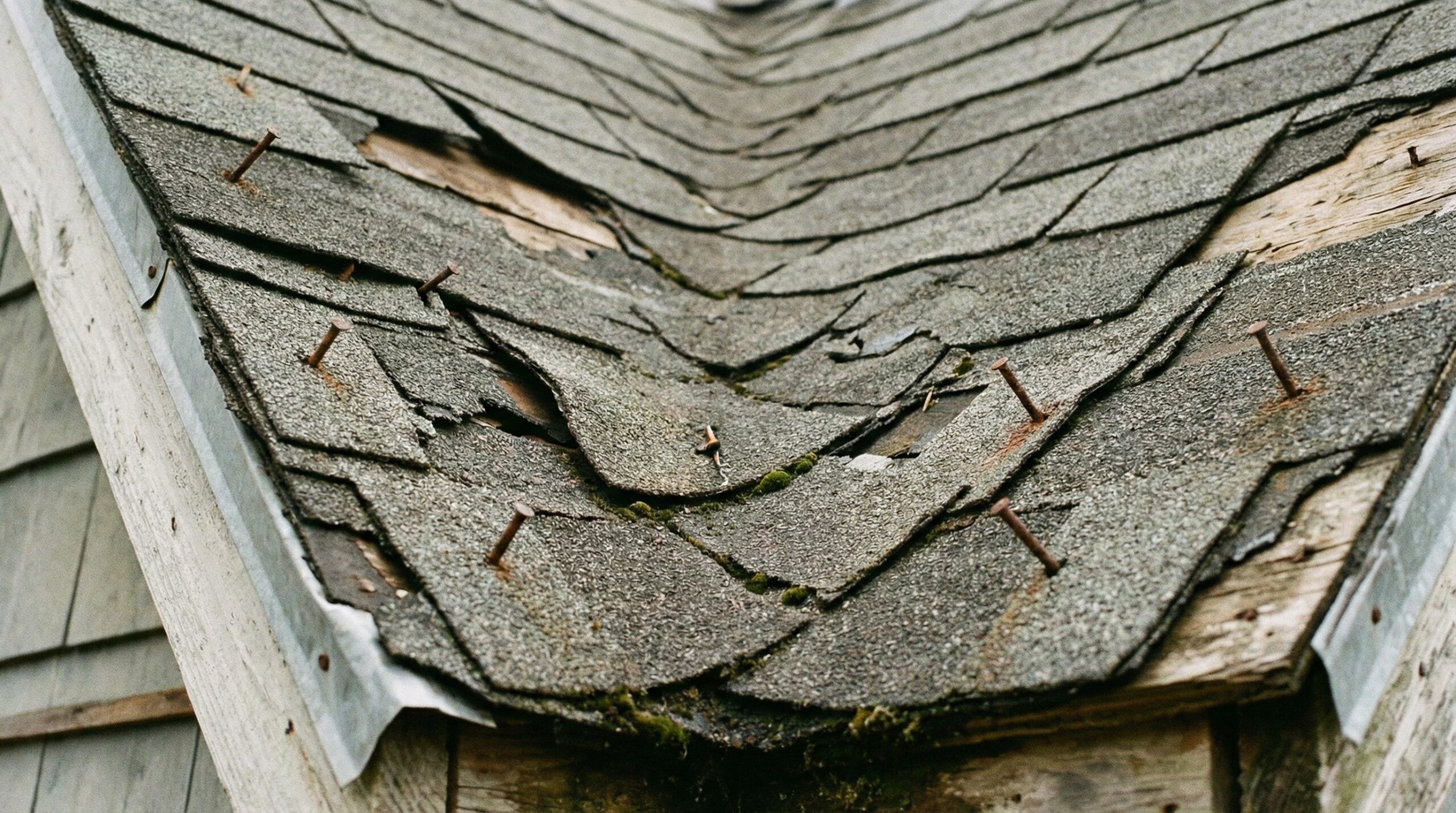 Close-up of improperly installed roof shingles showing exposed nails