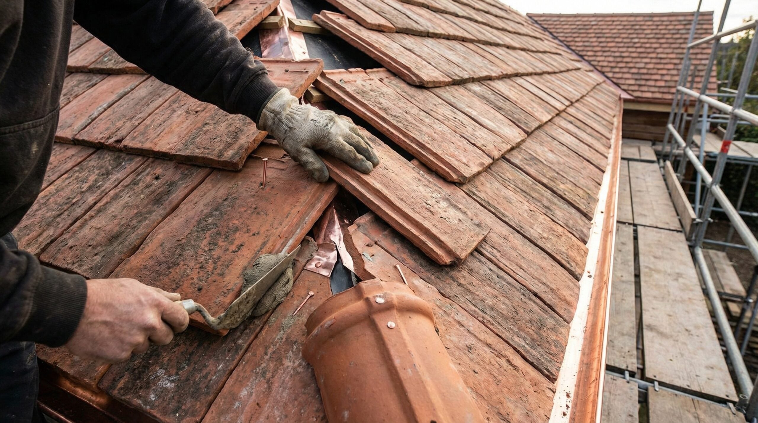 Close-up of tile roof maintenance showing proper installation techniques