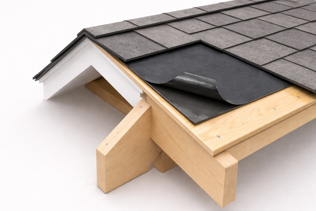 Roof layers with shingles and underlayment