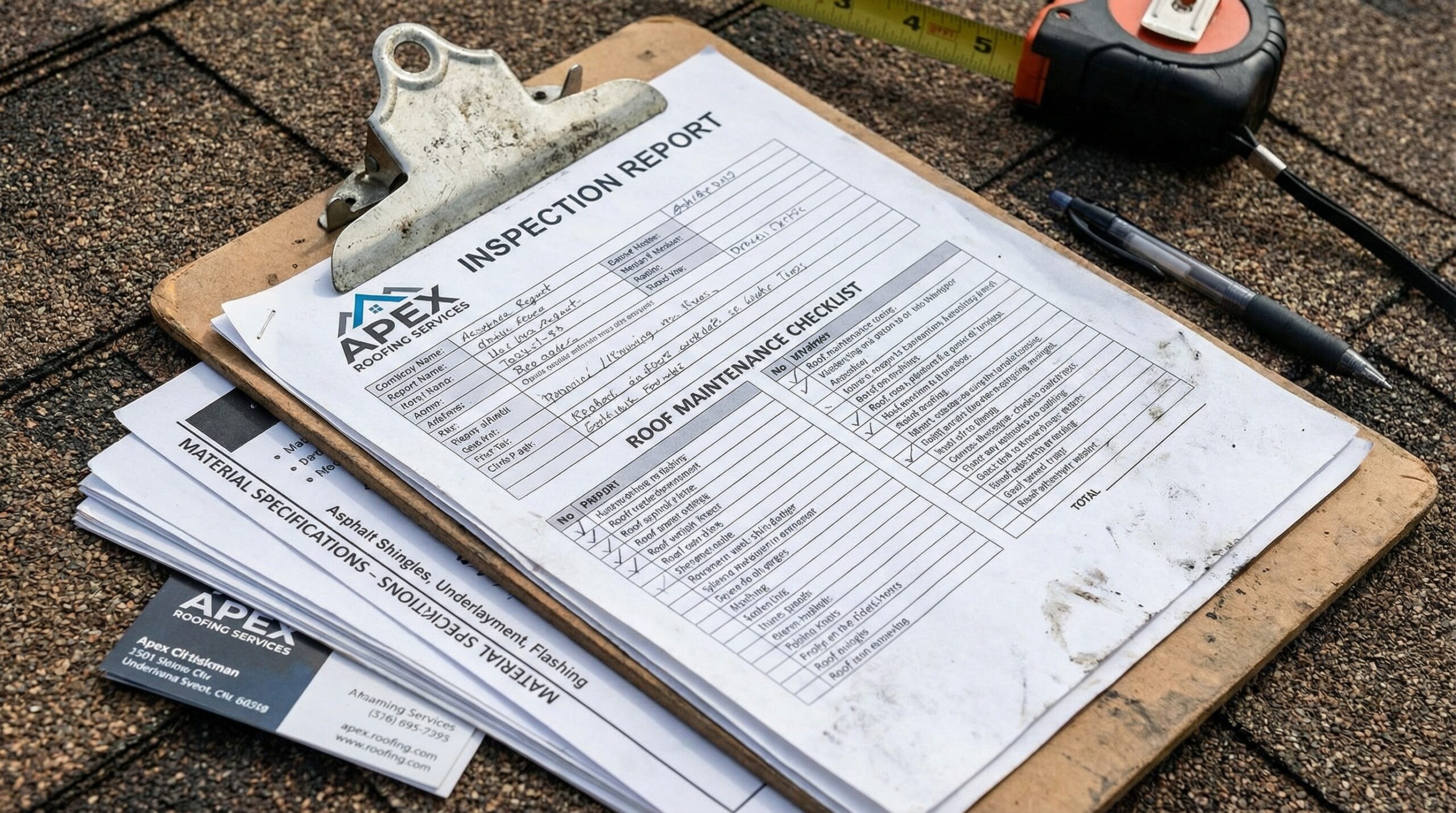 Commercial roof maintenance documentation with clipboard and inspection report