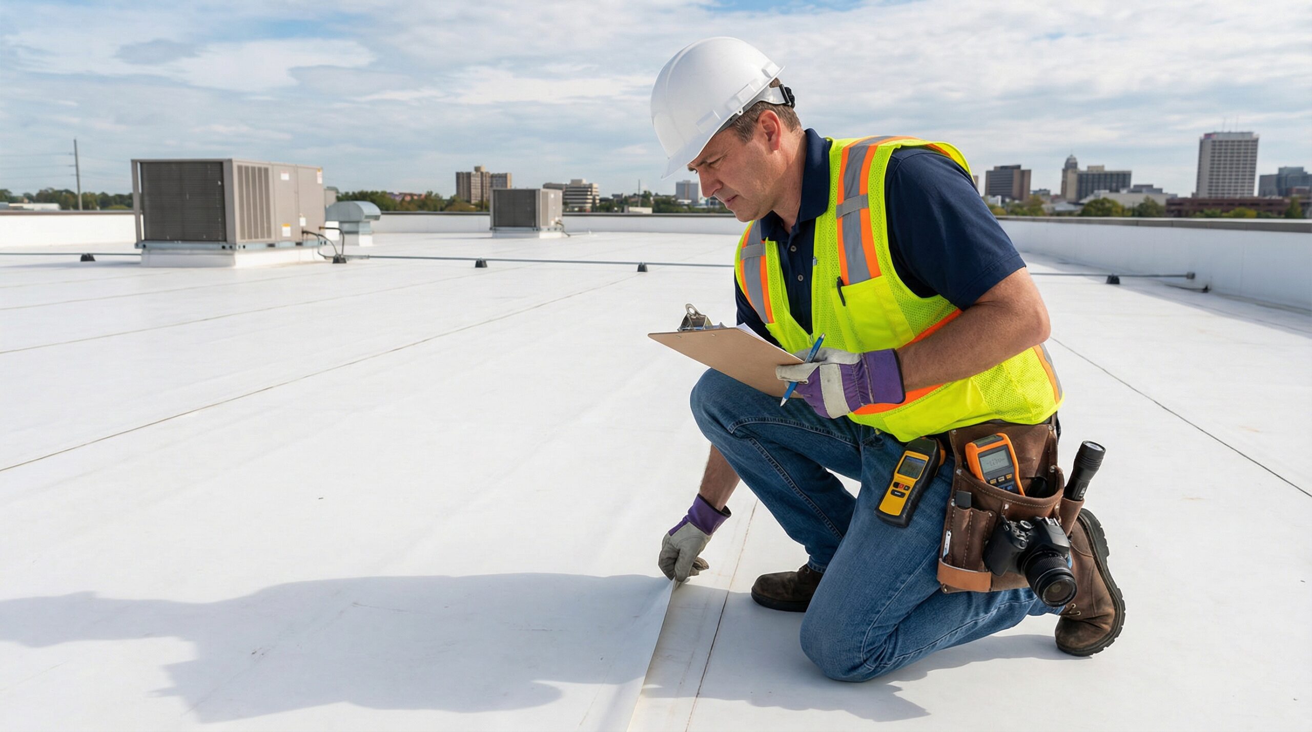 Commercial roof inspection professional examining membrane with clipboard and tools