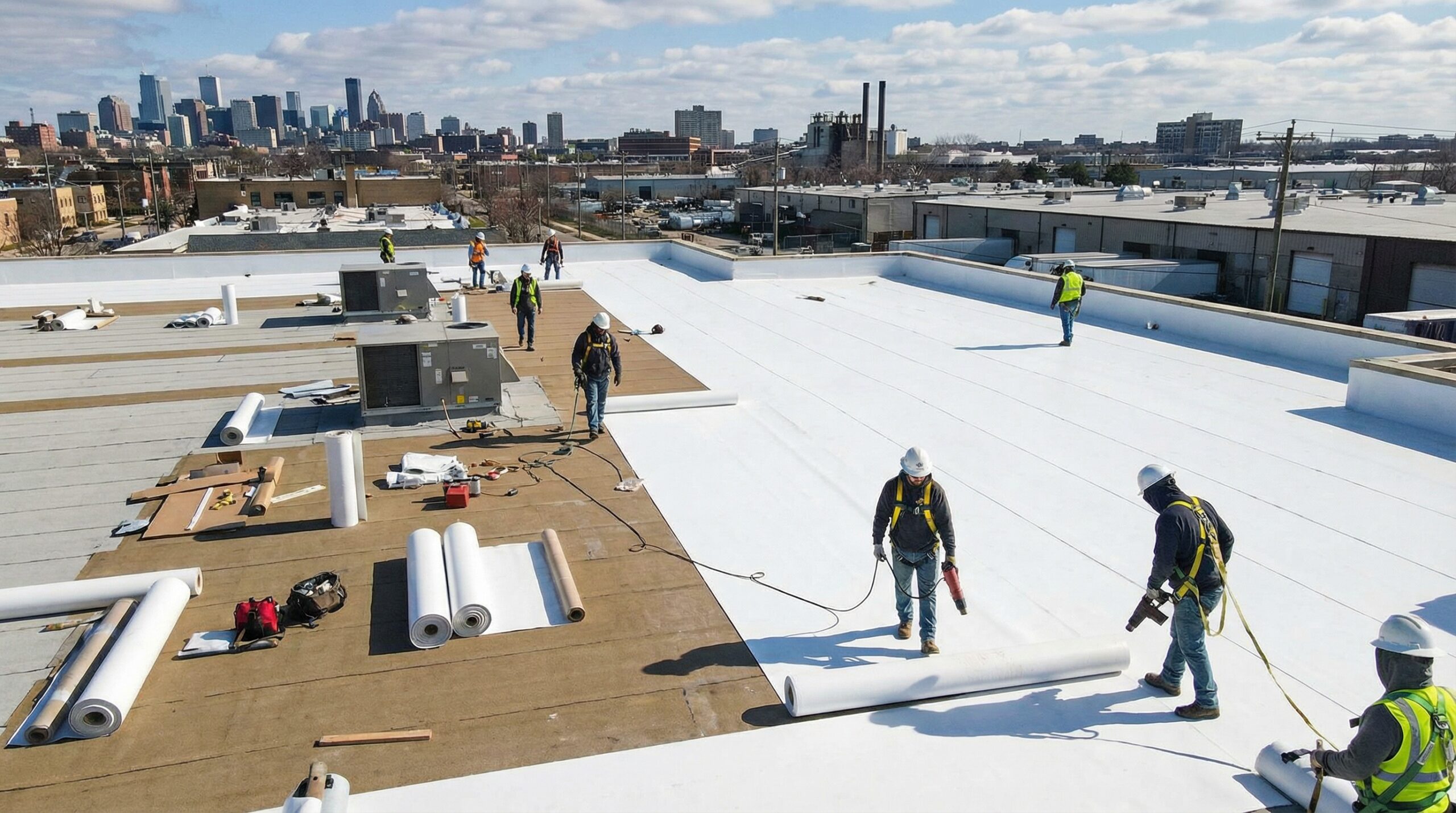 Commercial flat roof installation with workers applying TPO membrane