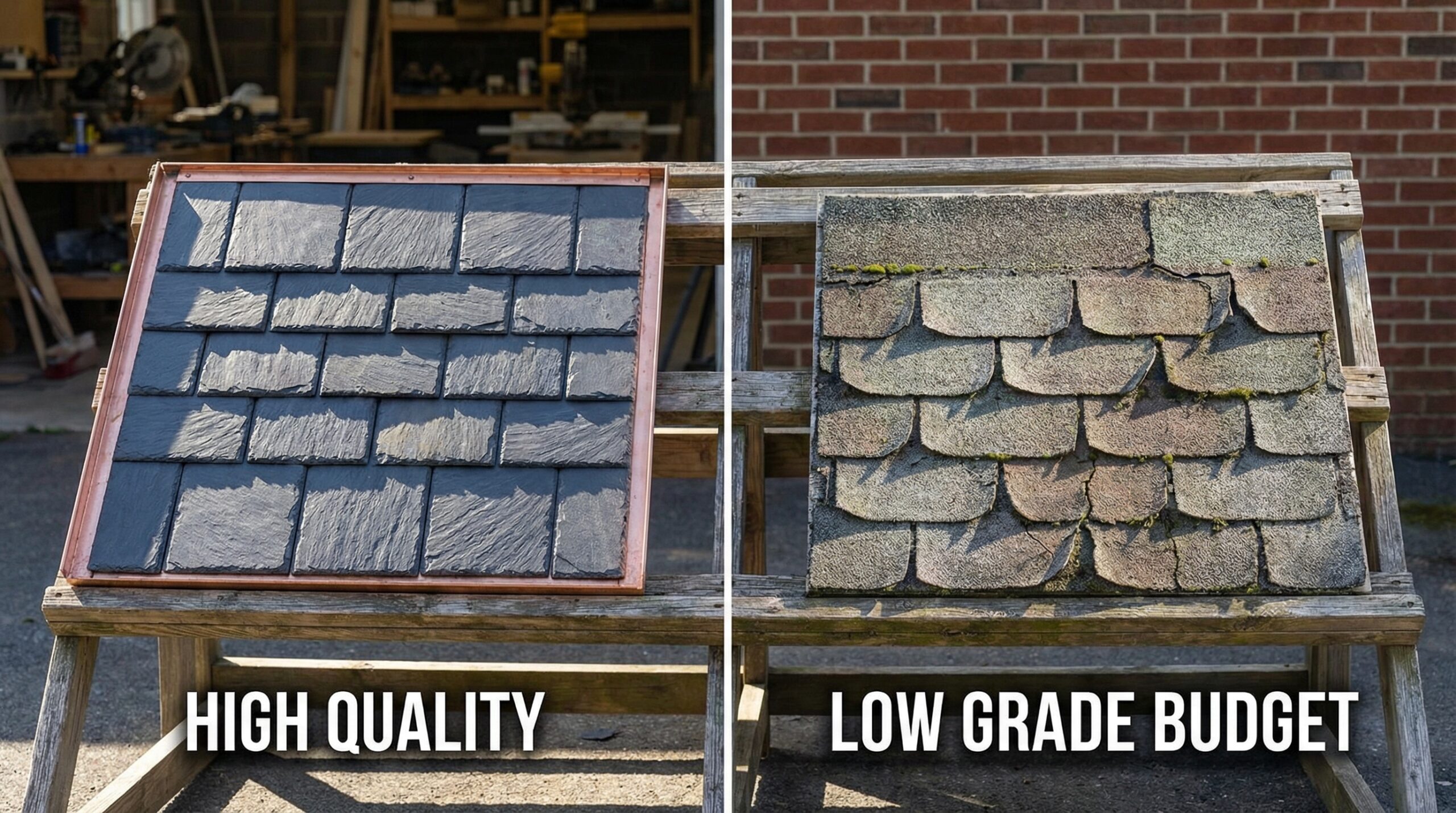 Comparison showing quality vs low-grade roofing materials side by side