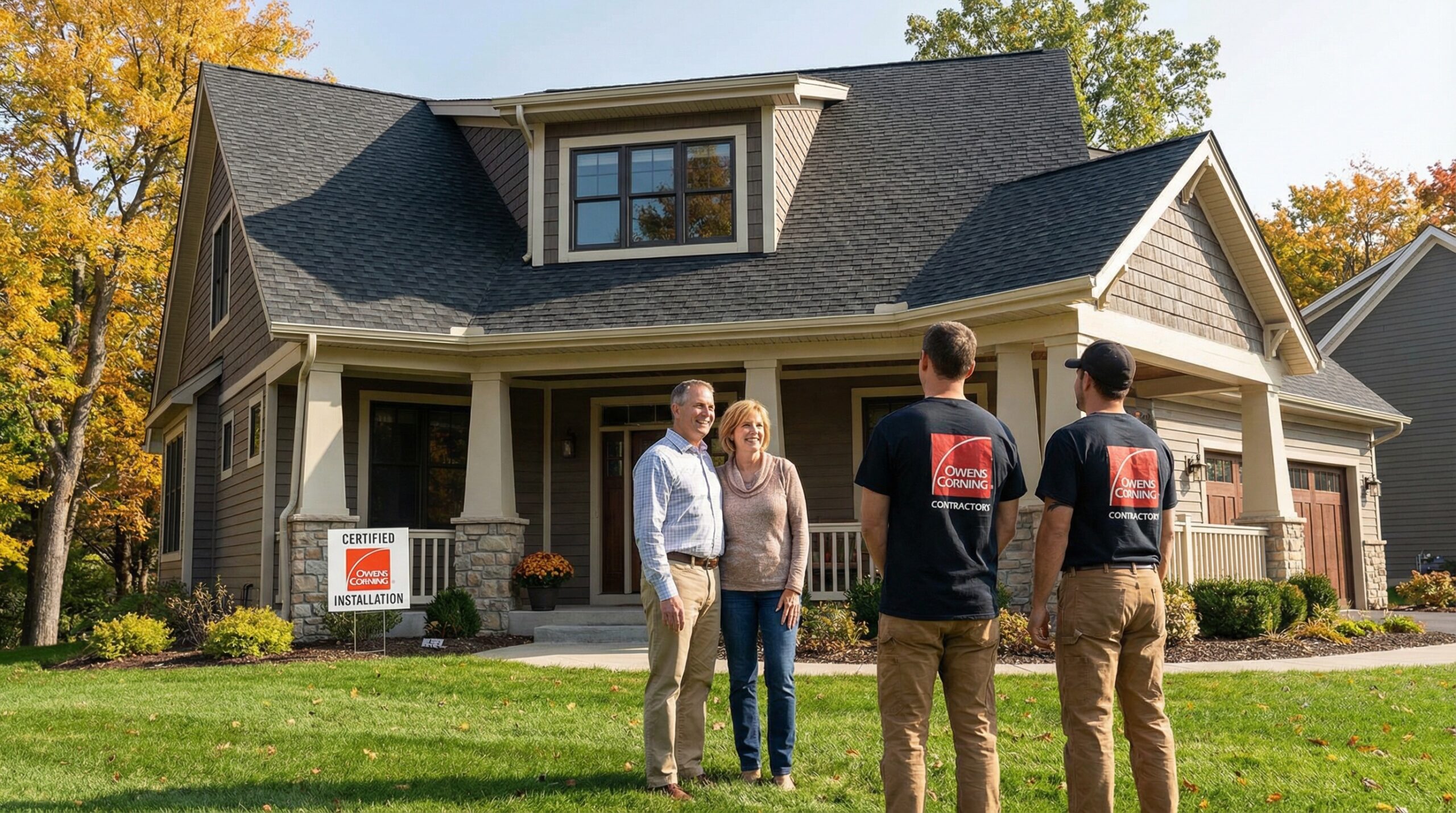 Completed residential roof installation showing high-quality Owens Corning shingles with satisfied homeowners in foreground