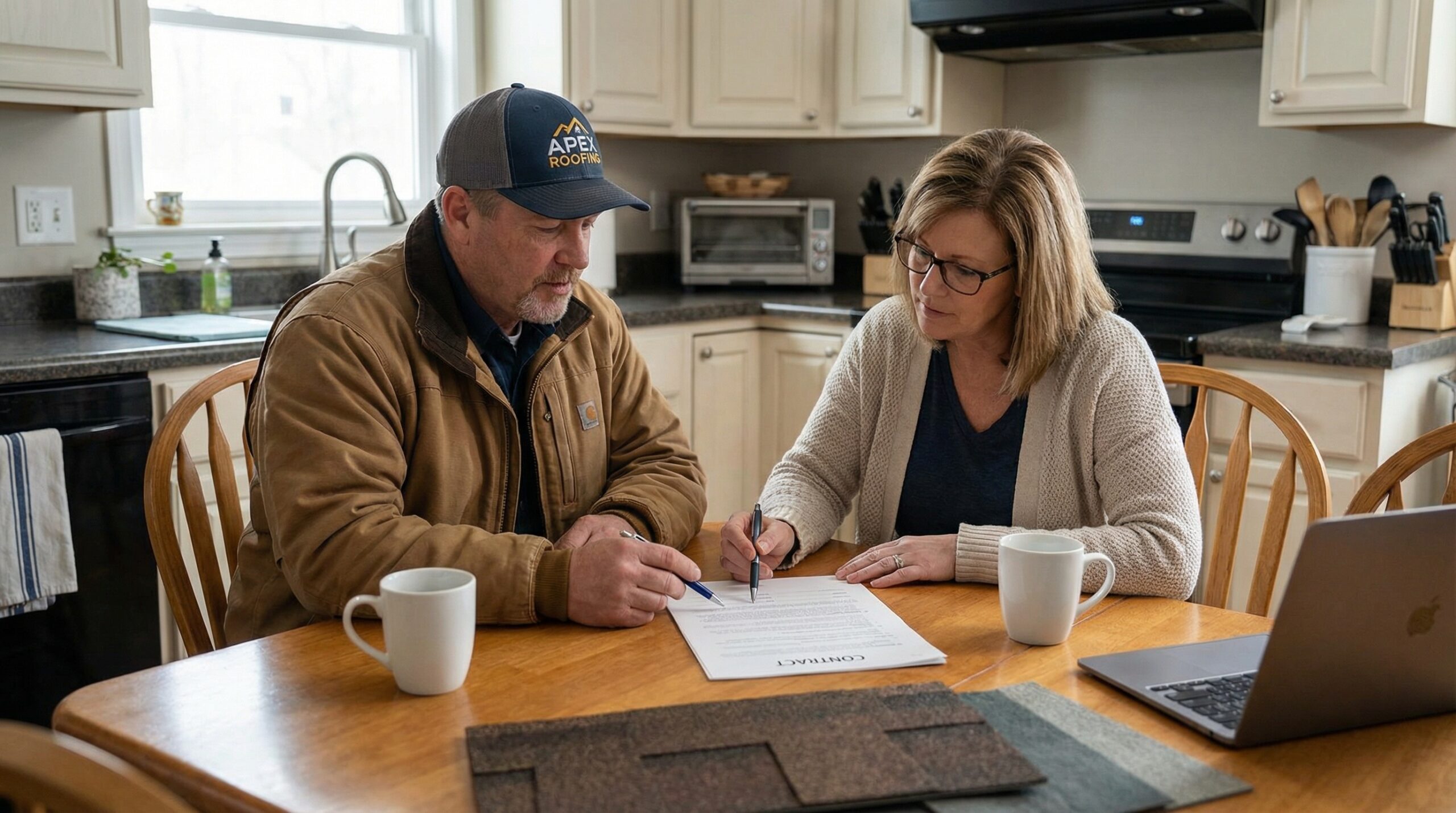 roofing contractor reviewing detailed contract with homeowner at kitchen table